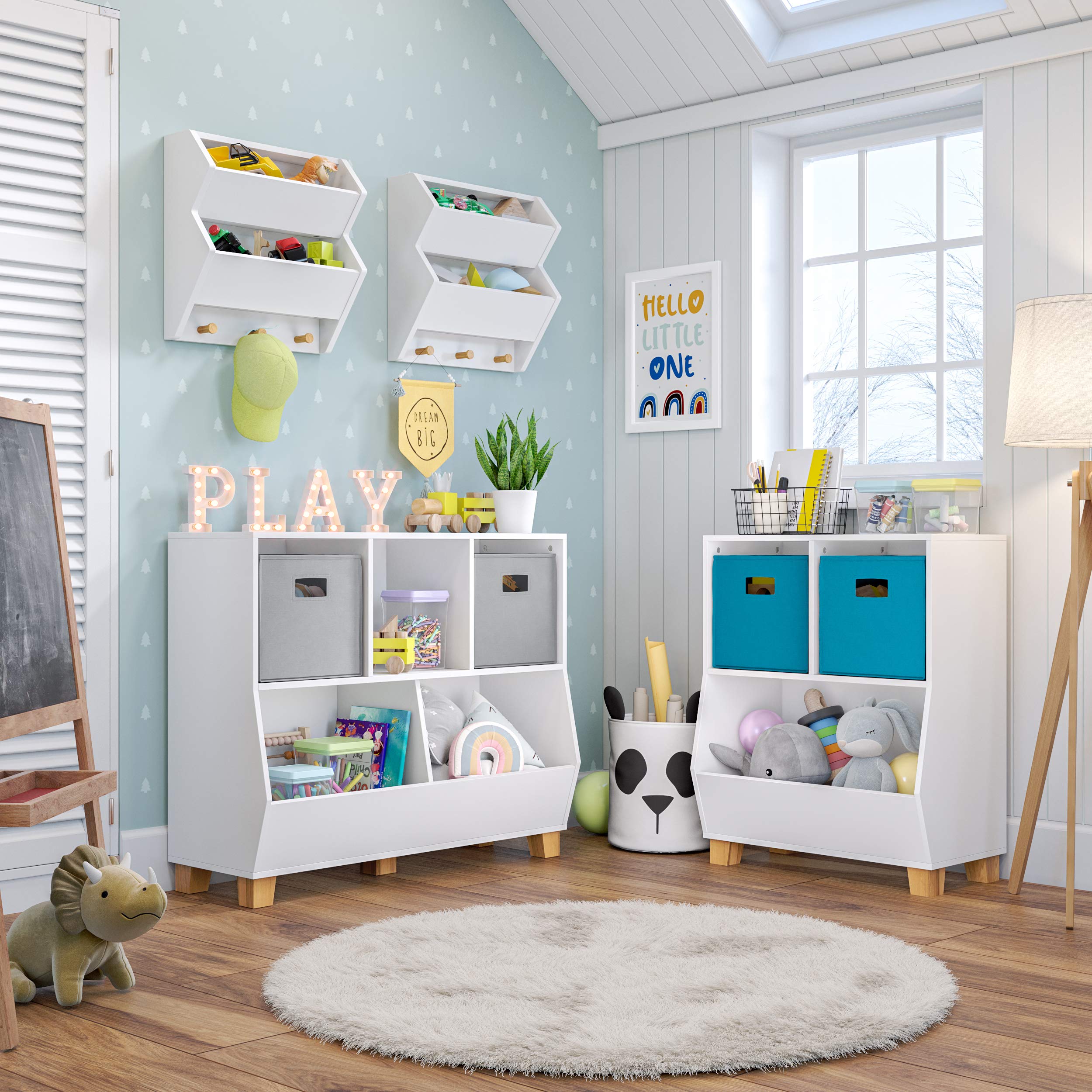 RiverRidge Kids Bookshelf Toy Storage Organizer - 2 Cubbies with 2 Foldable Gray Fabric Bins, White Playroom Organizer for Toys & Books | Perfect for Nursery, Daycare & Kids Bedroom Organization