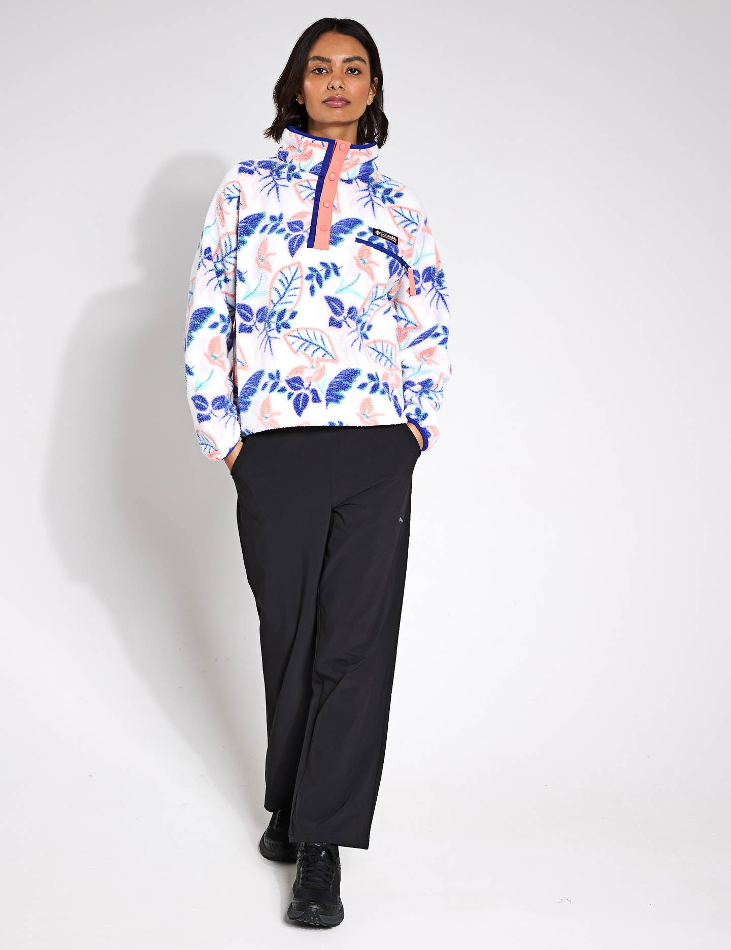 Helvetia II Cropped Sherpa Half Snap Printed Fleece Jacket - Sea Salt Pastel Multi Color | Cozy Winter Outerwear for Women, Perfect for Casual Outings & Street Style Fashion