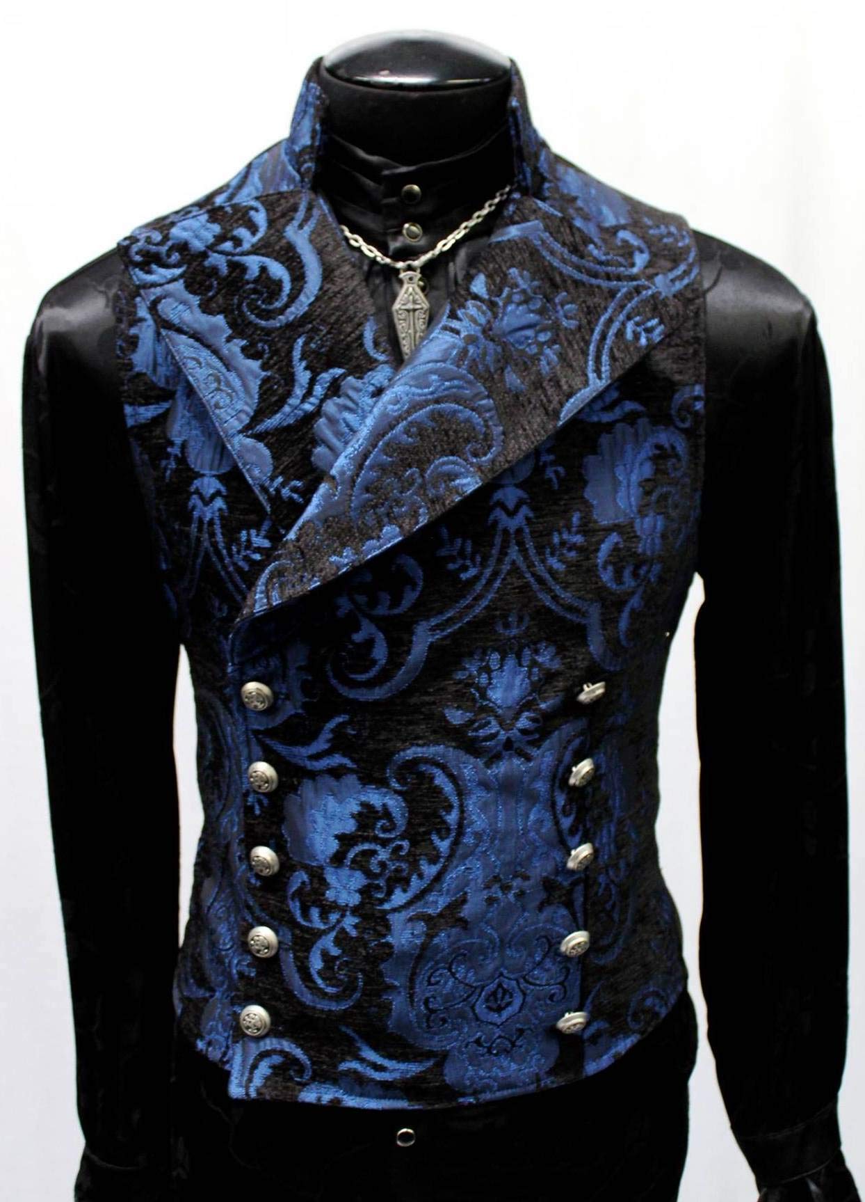 Men's Victorian Gothic Formal Cavalier Vest - Blue & Black Tapestry Design - Size Large - Perfect for Renaissance Fairs, Steampunk Cosplay & Historical Reenactments