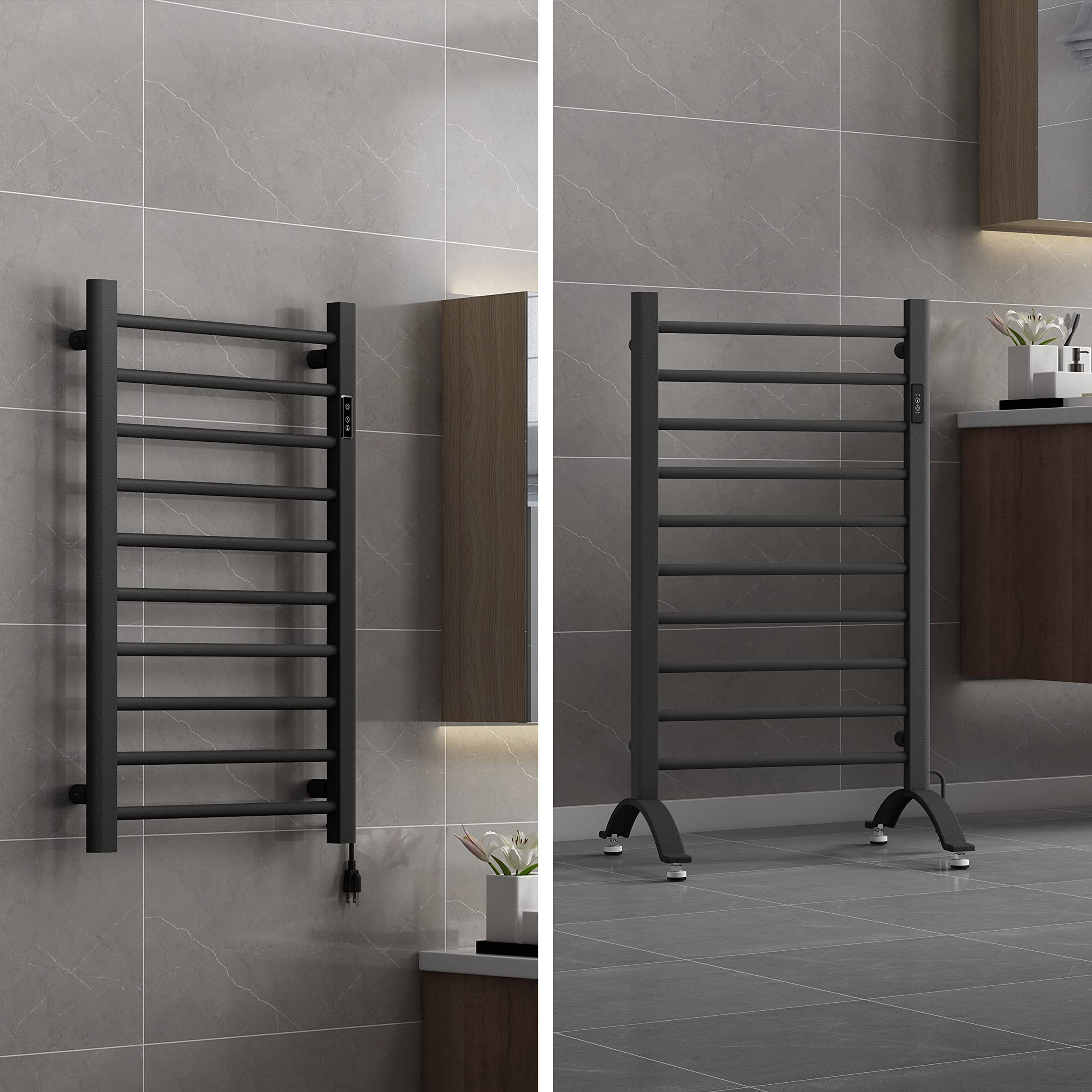 DELAVIN 10 Bars Electric Towel Warmer with Timer & Temperature Control - Wall Mount or Standing Heated Towel Rack - Hardwired & Plug-in Options - Mild Steel Matte Black - Perfect for Bathrooms, Spas & Luxury Home Heating