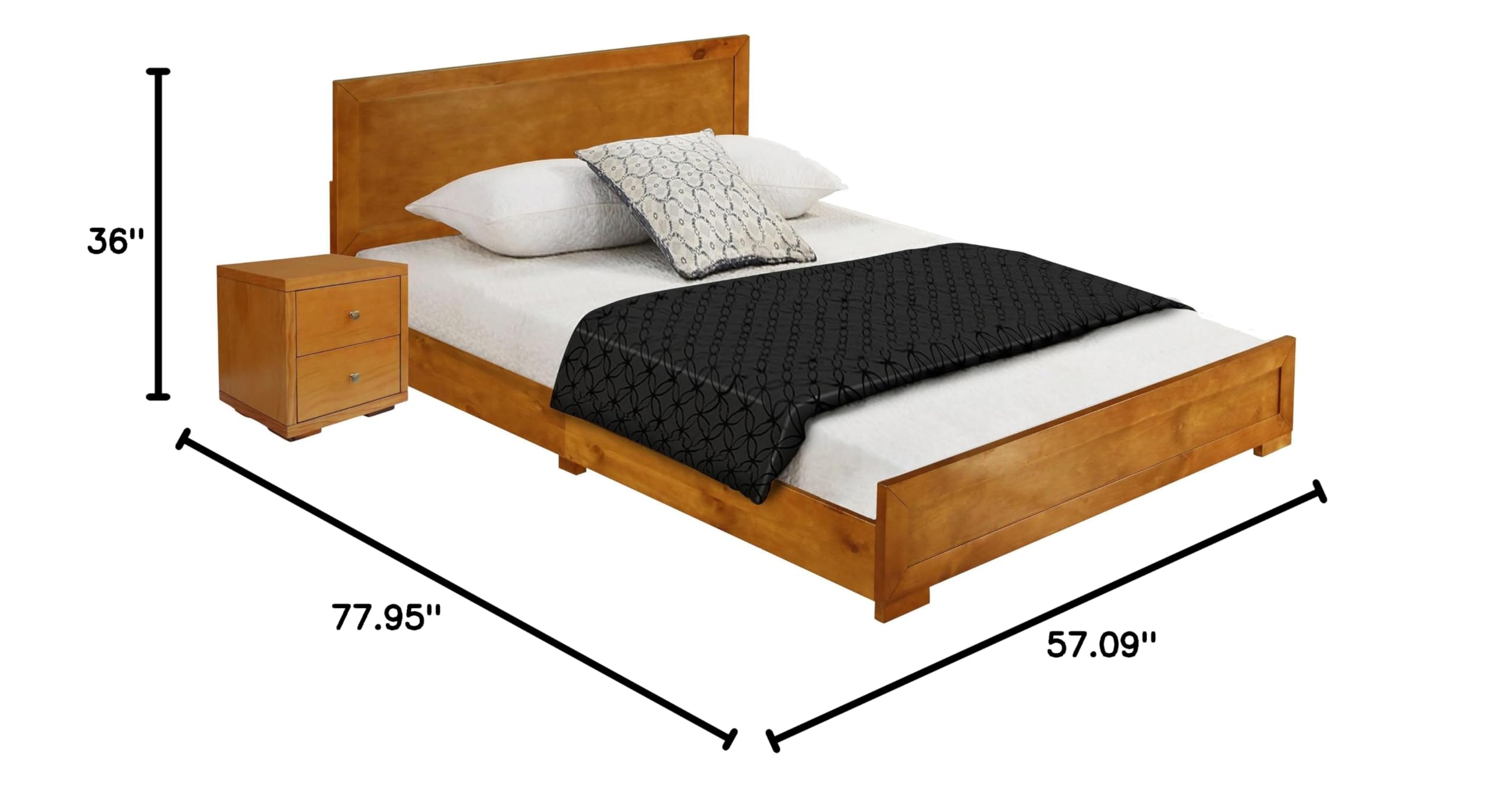 Oak Camden Isle Trent Wooden Platform Full Bed with Nightstand - Modern Minimalist Bedroom Furniture for Small Spaces & Guest Rooms