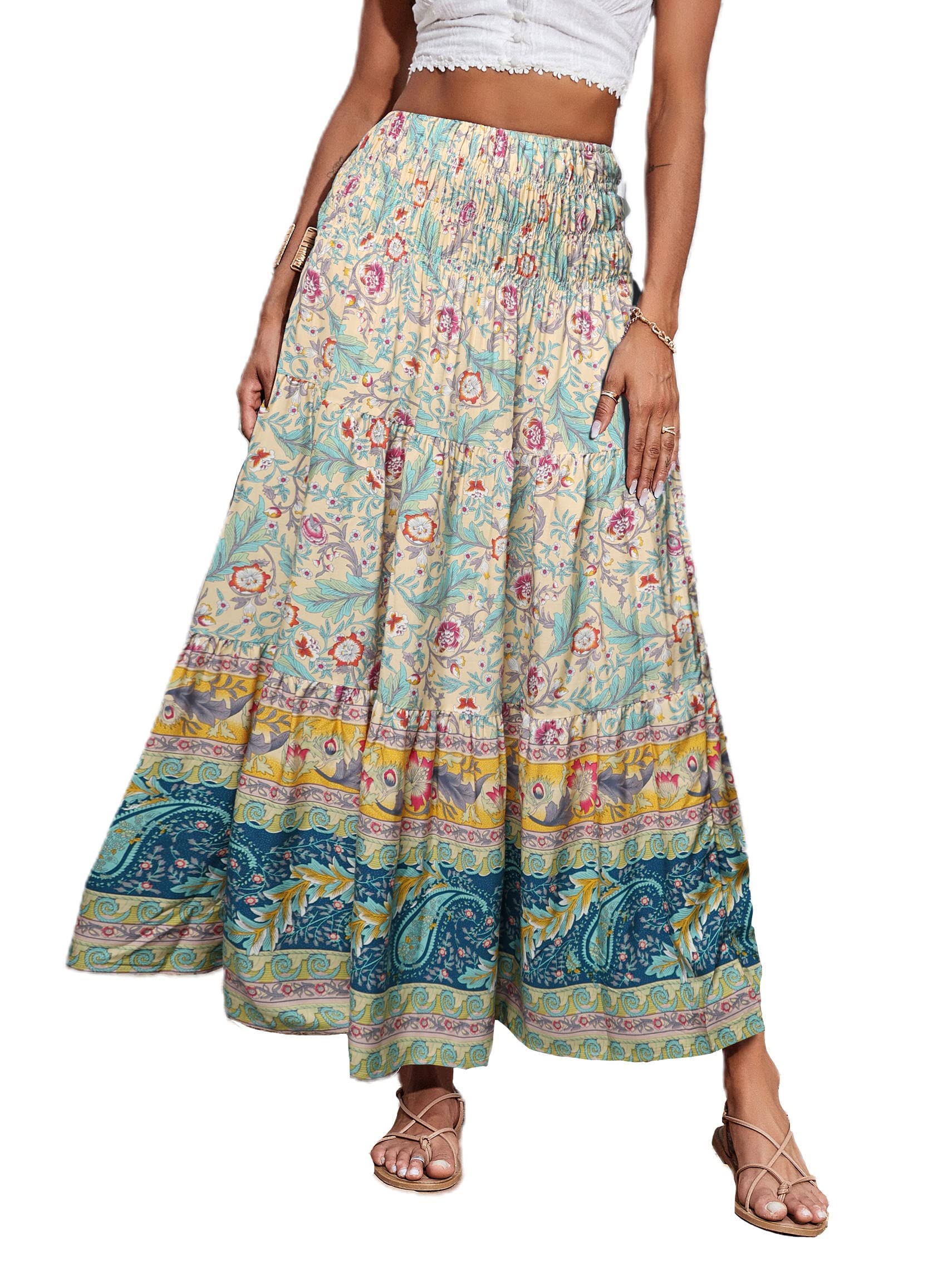 CFLONGE Women's 2025 Bohemian Long Maxi Skirt - Flowy High Waist A-Line Summer Skirt with Pleated Details | Perfect for Beach Vacations, Music Festivals & Boho Chic Outfits