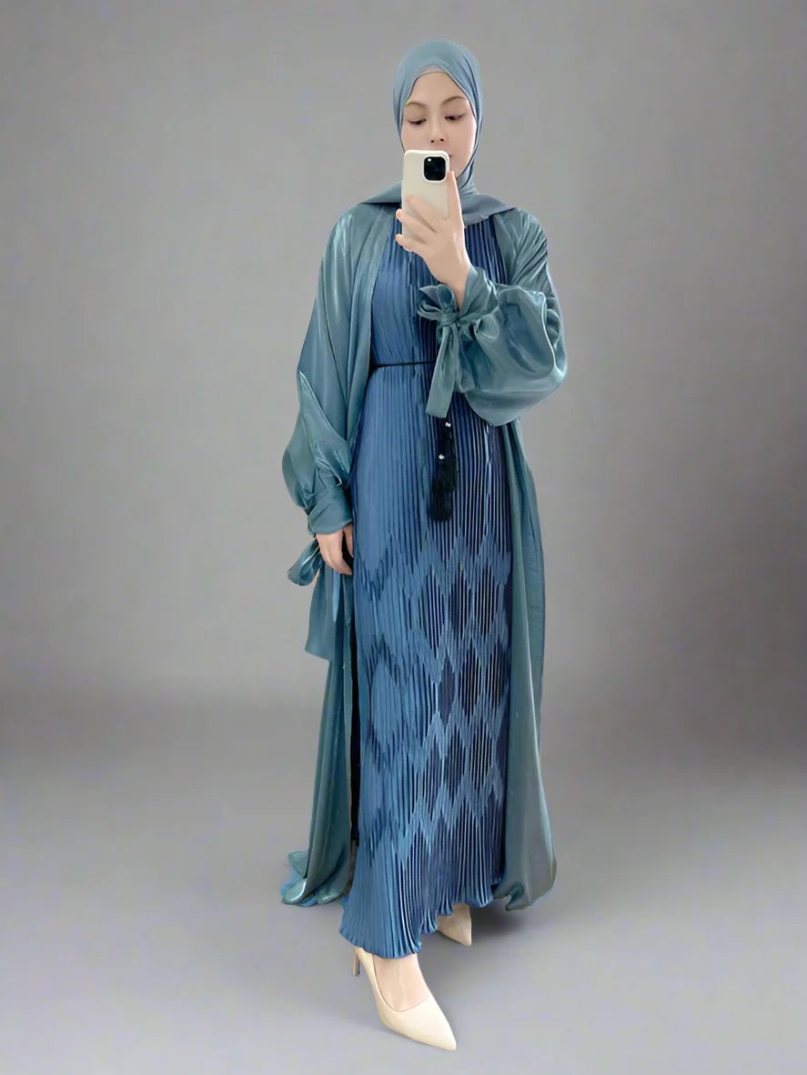 Gleam Open Cardigan Abaya with Pleated Inner Dress - Modest Muslim Fashion for Prayer, Eid & Special Occasions