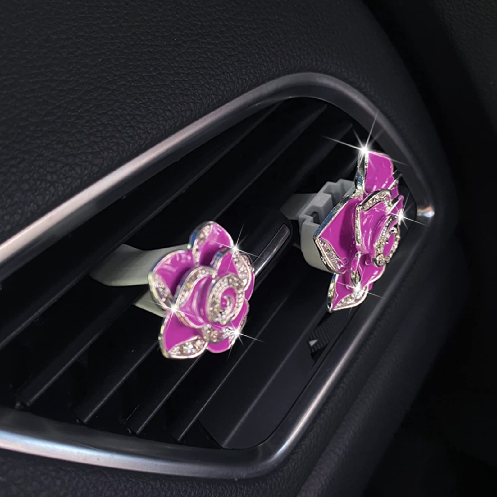 2 Pcs Camellia Air Vent Clips - Cute Flower Car Air Freshener Clip with Crystal Rose Design, Bling Car Air Outlet Decor for Women & Girls - Perfect for Car Interior Decorations & Aromatherapy While Driving