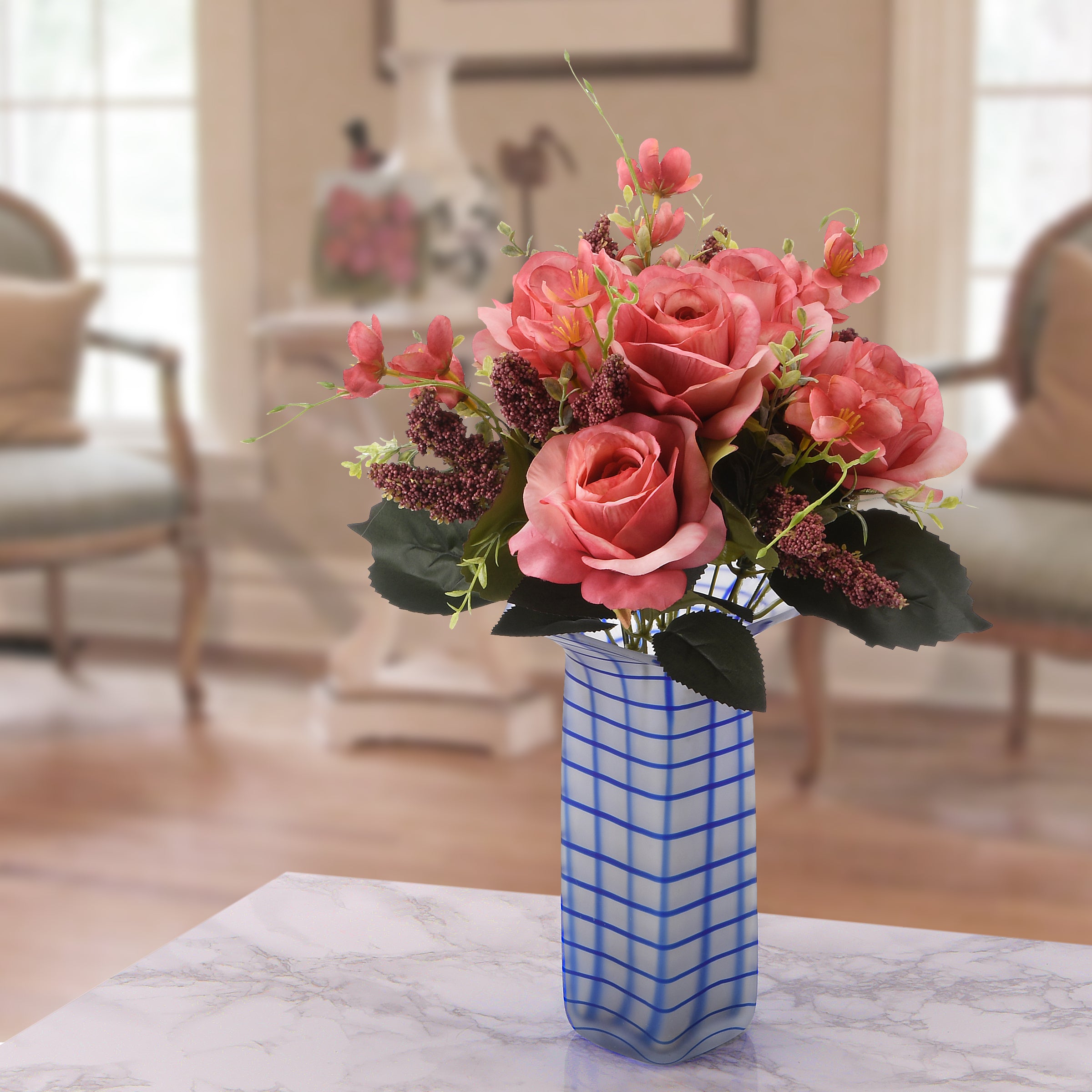 19 Inch Artificial Spring Floral Bouquet with Vibrant Pink Roses, Seed Pods & Leafy Greens - Perfect for Home Decor, Wedding Centerpieces & DIY Crafts