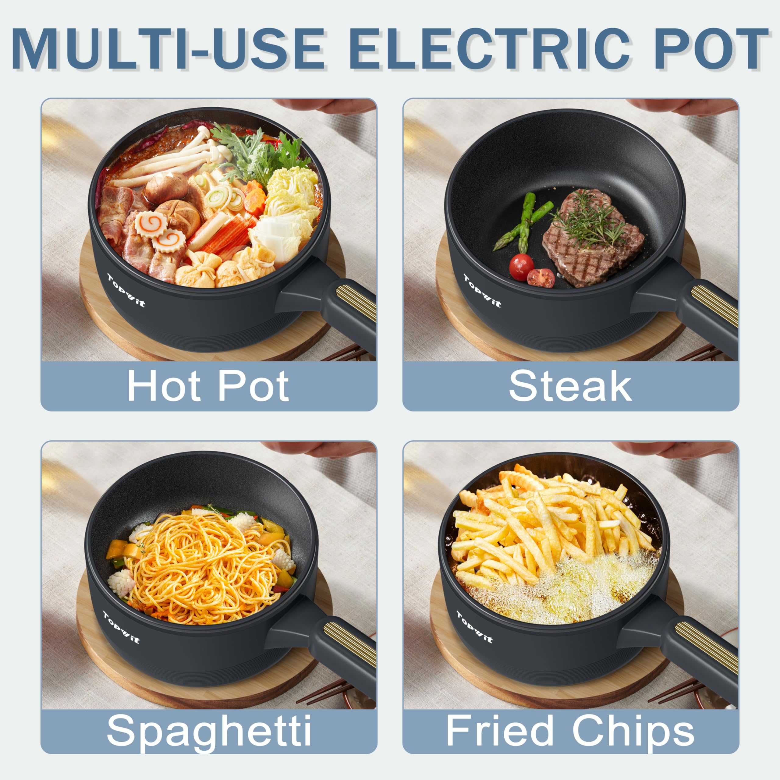 TOPWIT 2L Electric Hot Pot with Non-Stick Coating - Dual Power Control Portable Cooker for Steak, Eggs, Fried Rice, Ramen & Soup - Includes Silicone Spatula (Grey) | Perfect for Dorm Rooms, Office Lunches, Camping & Small Kitchen Cooking