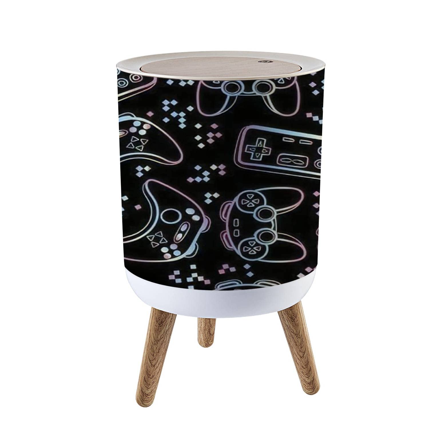 Small Round Trash Can with Lid - 7L/1.8 Gallon Wooden Waste Bin for Bathroom, Bedroom, Kitchen & Nursery - Cute Kawaii Design for Kids & Boys - Perfect for Gaming Rooms, Home Decor & Office Spaces (8.66x14.3 inches)