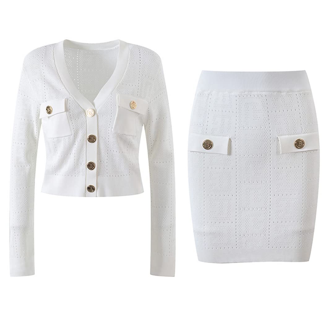 Women's Summer 2-Piece Outfit - V-Neck Long Sleeve Knit Top & Mini Skirt Set | White Cardigan & Skirt Combo | Casual Chic Outfit for Beach, Date Night & Office Wear