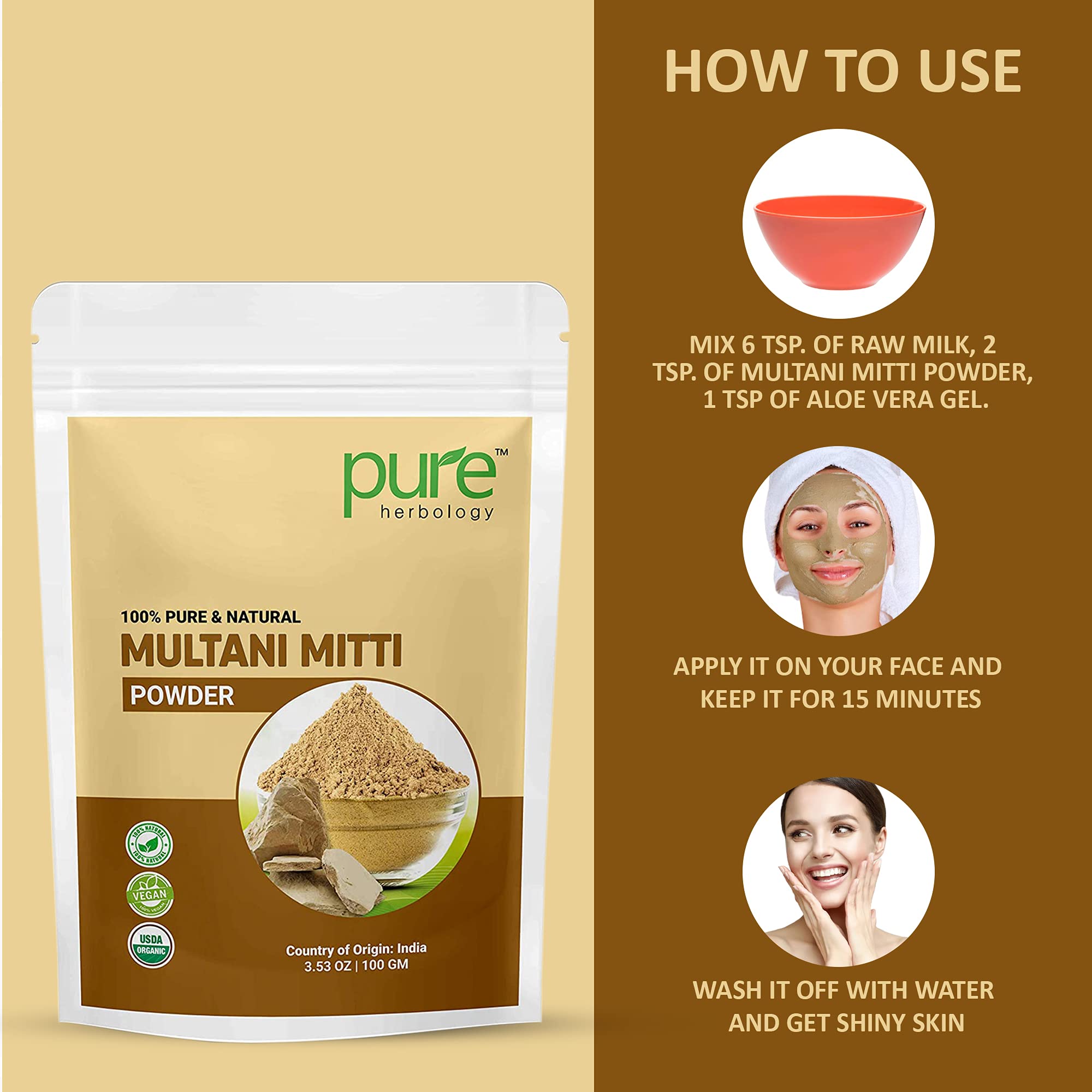 Pure Herbology 100% Natural Multani Mitti Clay Face Mask Powder for Glowing Skin - 200g | Deep Cleansing & Brightening Facial Treatment for Dry Skin | DIY Spa Day & At-Home Skincare Routine