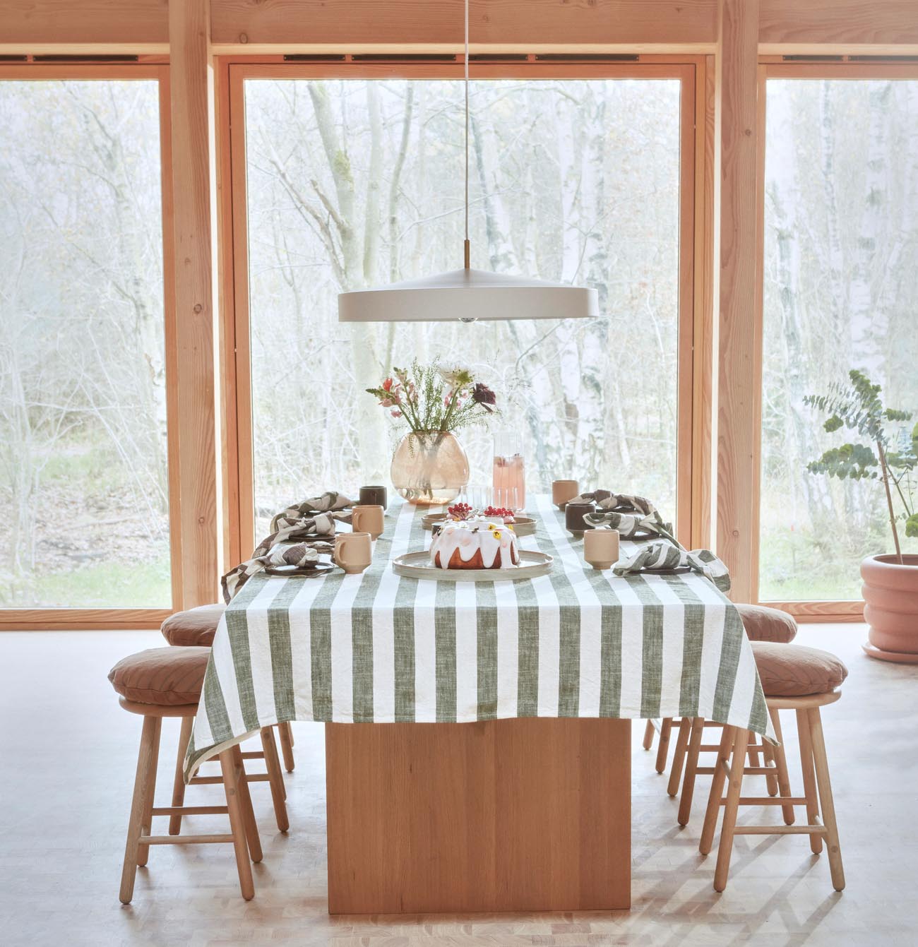 OYOY Striped Tablecloth 260x140cm Olive Green - Waterproof & Washable Dining Table Cover for Kitchen, Party, Outdoor Picnic