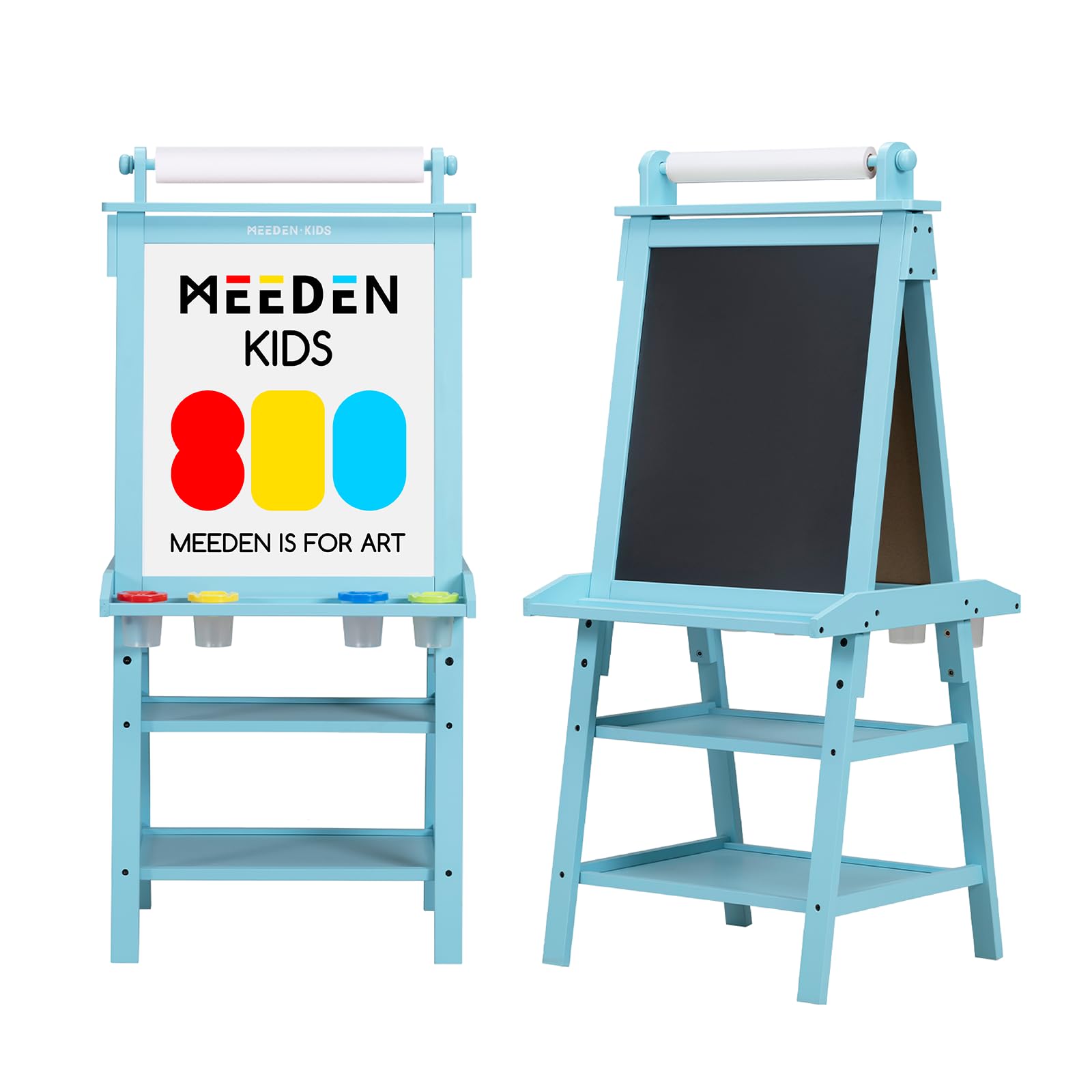 MEEDEN Double-Sided Kids Wooden Art Easel with Paper Roll - Adjustable Solid Pine Wood Drawing Board with Chalkboard & Magnetic Whiteboard - Perfect Gift for Boys & Girls (Blue) - Ideal for Home, Classroom & Art Studio Use
