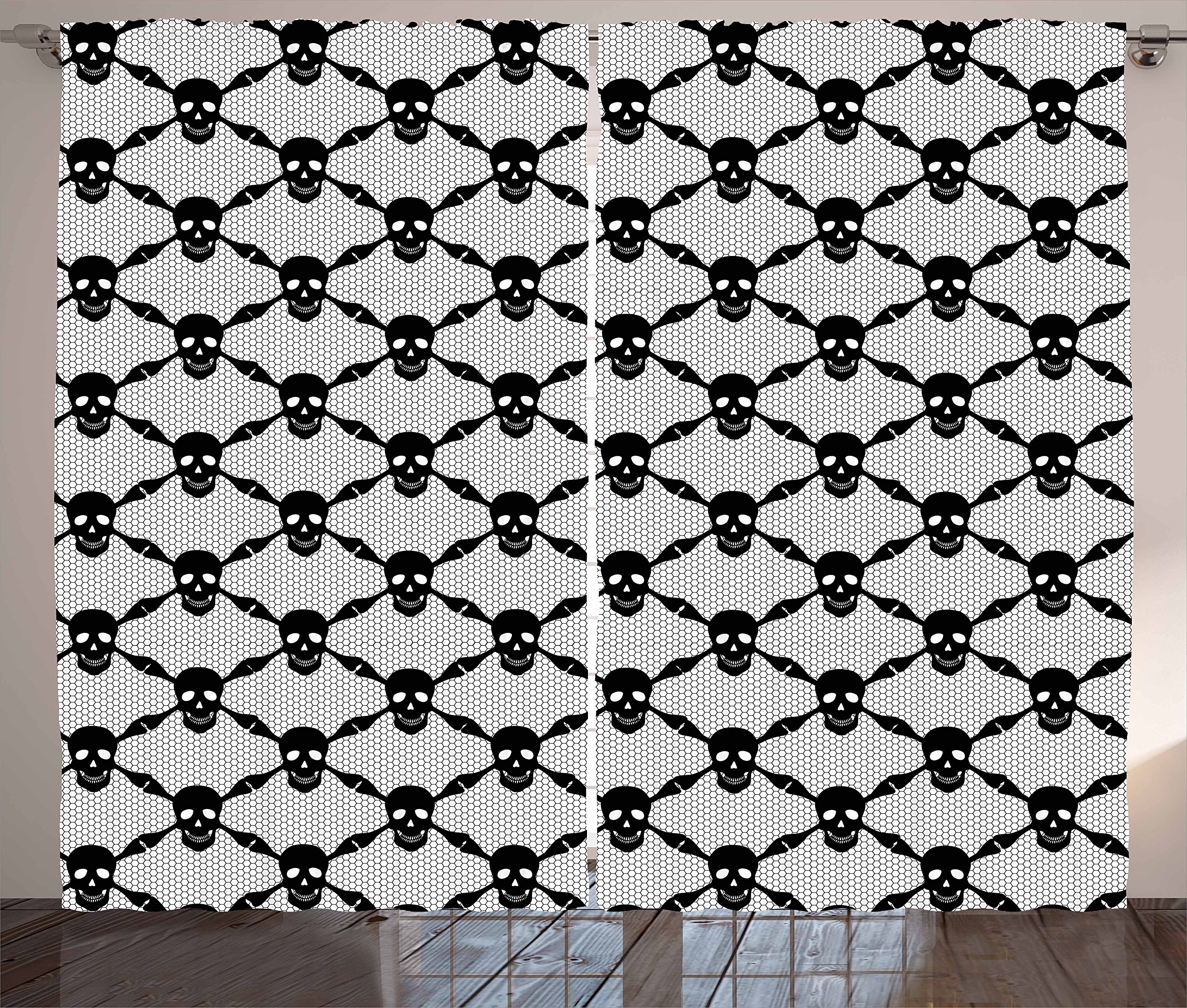 Ambesonne Gothic Halloween Horror Curtains - Spooky Dark Skulls & Skeleton Bones Checkered Pattern - 2 Panel Window Drapes 108