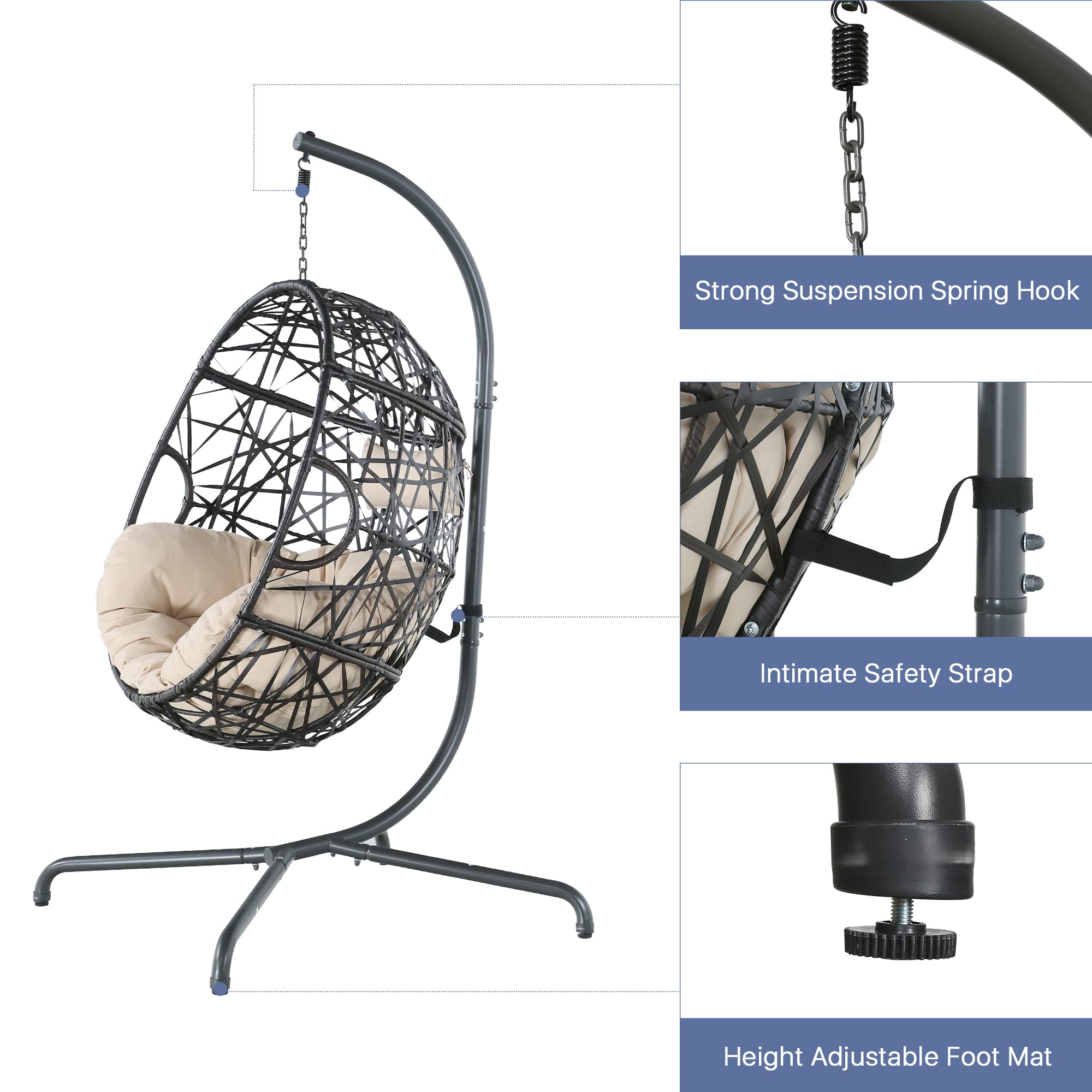 Outdoor Wicker Hanging Egg Chair with Cushion & Stand - Patio Swing Hammock for Garden, Balcony, Backyard - Beige Relaxation Chair for Porch, Poolside & Outdoor Lounging