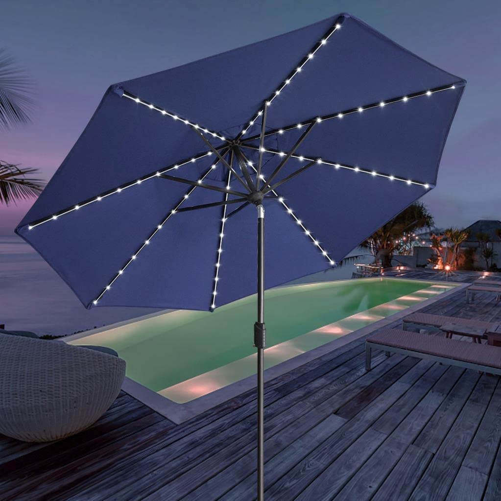 EliteShade USA 10-Year Fade-Resistant 9ft Solar LED Patio Umbrella with 80 Lights - Outdoor Market Umbrella with Ventilation for Garden, Poolside & Restaurant - Navy Blue