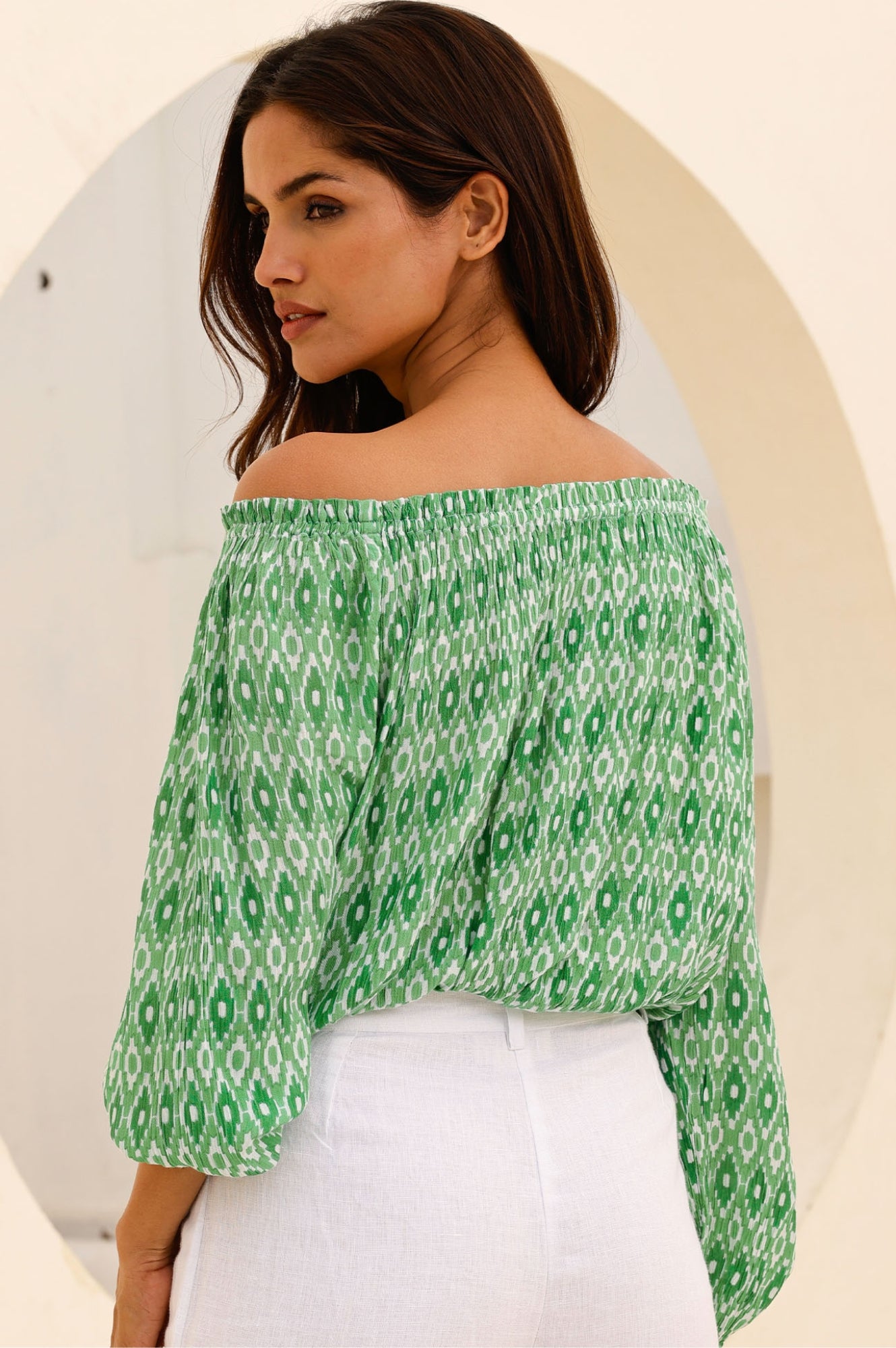 Ilana Long Sleeve Frill Blouse - Aztec Green & White Floral Print Women's Tunic Top for Casual Wear & Boho Outfits