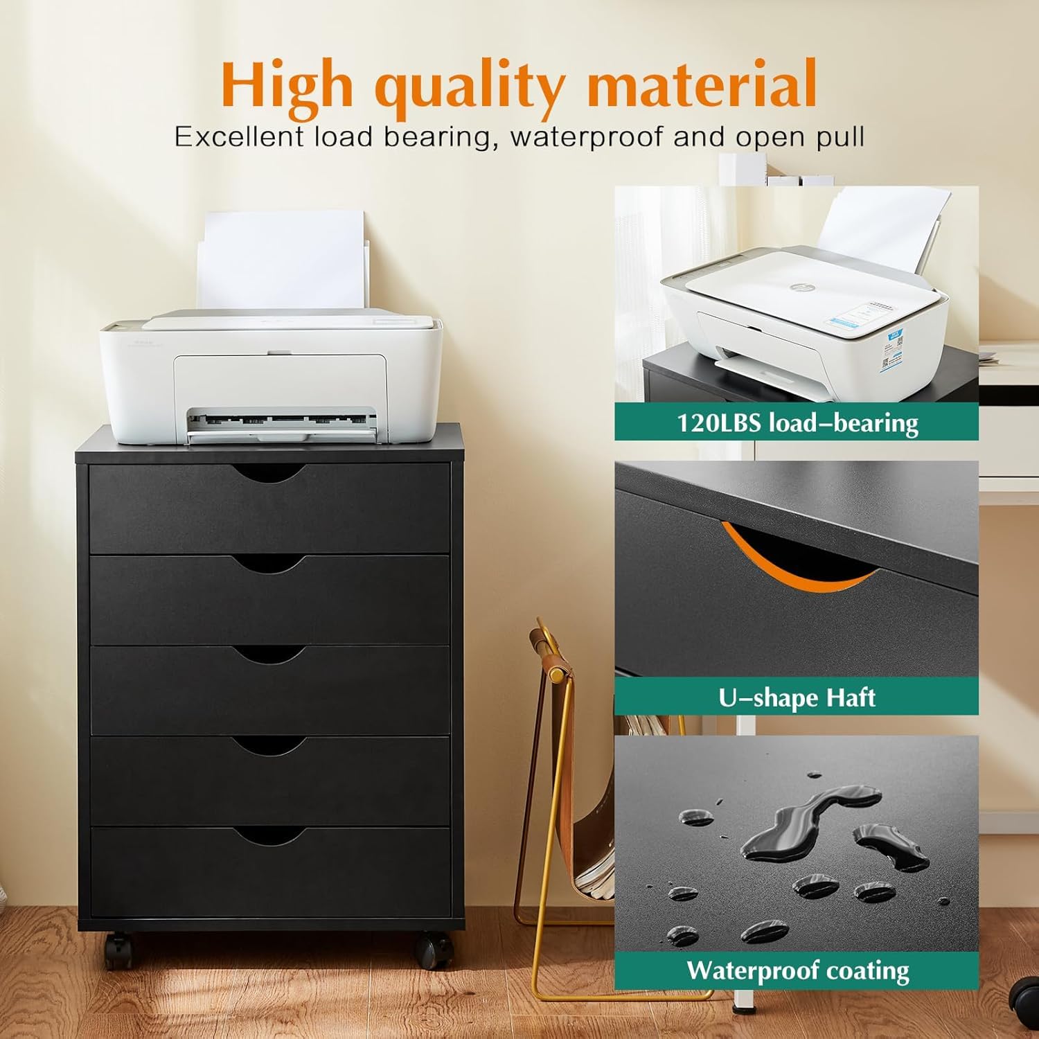 5-Drawer Wooden Storage Cabinet with Wheels - Mobile Organizer Dresser for Office, Bedroom & Home Organization - Black File Cabinet for Documents, Clothes & Household Items