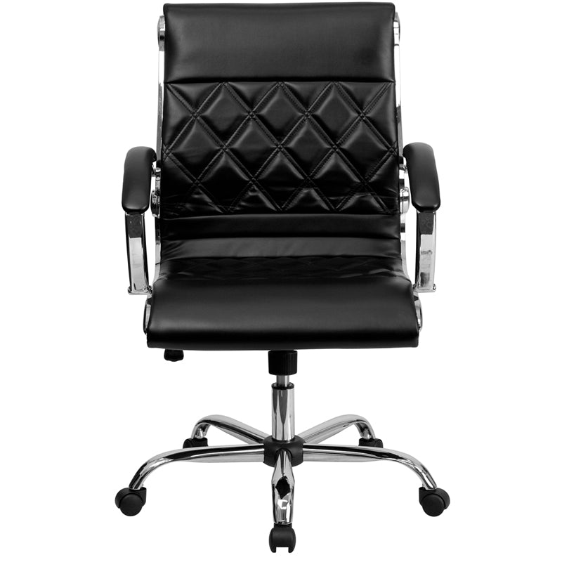 FLASH Merideth Mid Back Designer Black LeatherSoft Executive Swivel Office Chair with Chrome Base & Arms - Ergonomic Desk Chair for Home Office, Conference Room & Workspace