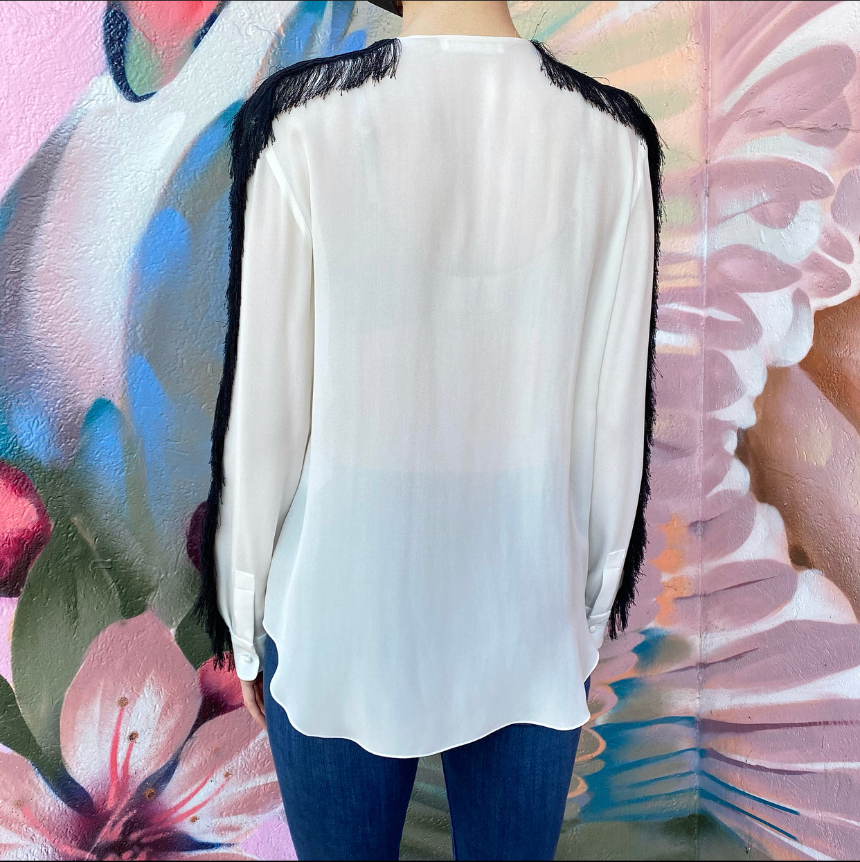 Chloe Ivory Long Sleeve Blouse with Black Fringe Detail - Women's Size FR38 / US6 - Perfect for Office Wear, Date Night & Special Occasions