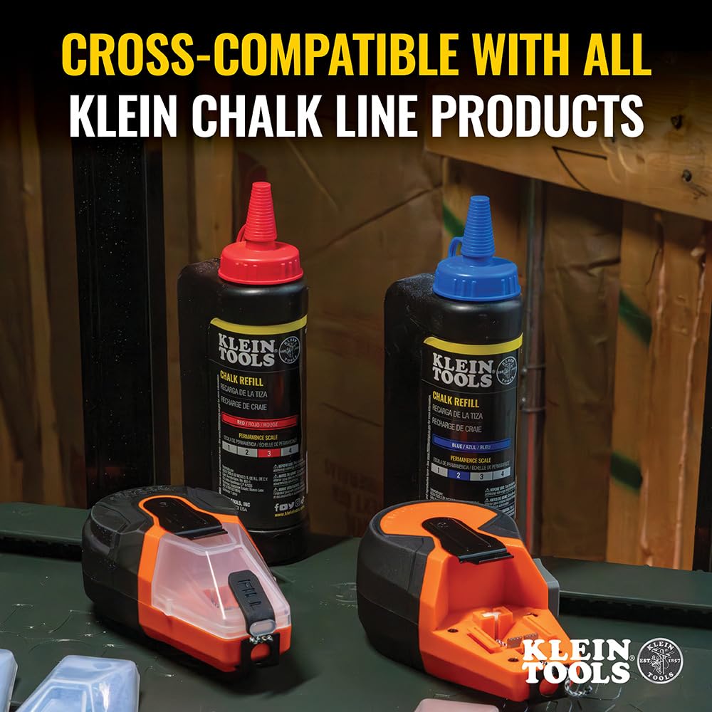 Klein Tools CHLK50B 50-Foot Auto Retracting Chalk Line Reel - High Visibility Blue Chalk, Mess-Free Storage & Easy Tension Control - Perfect for Construction, Carpentry & DIY Projects