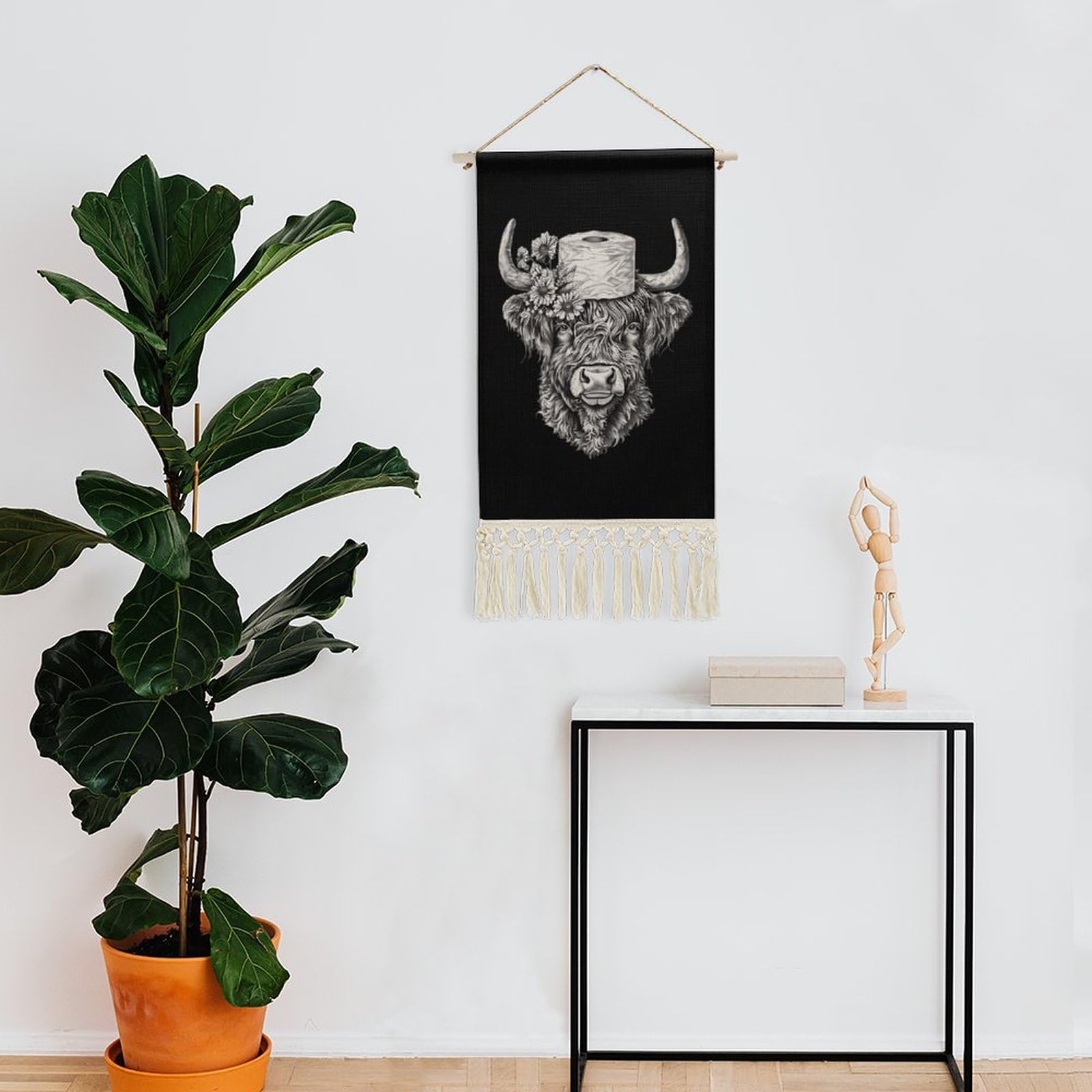 Funny Highland Cow with Toilet Paper Wall Art - 10x20 Inch Cotton Linen Hanging Poster for Home & Office Decor - Perfect for Bathroom, Living Room or Gift Idea