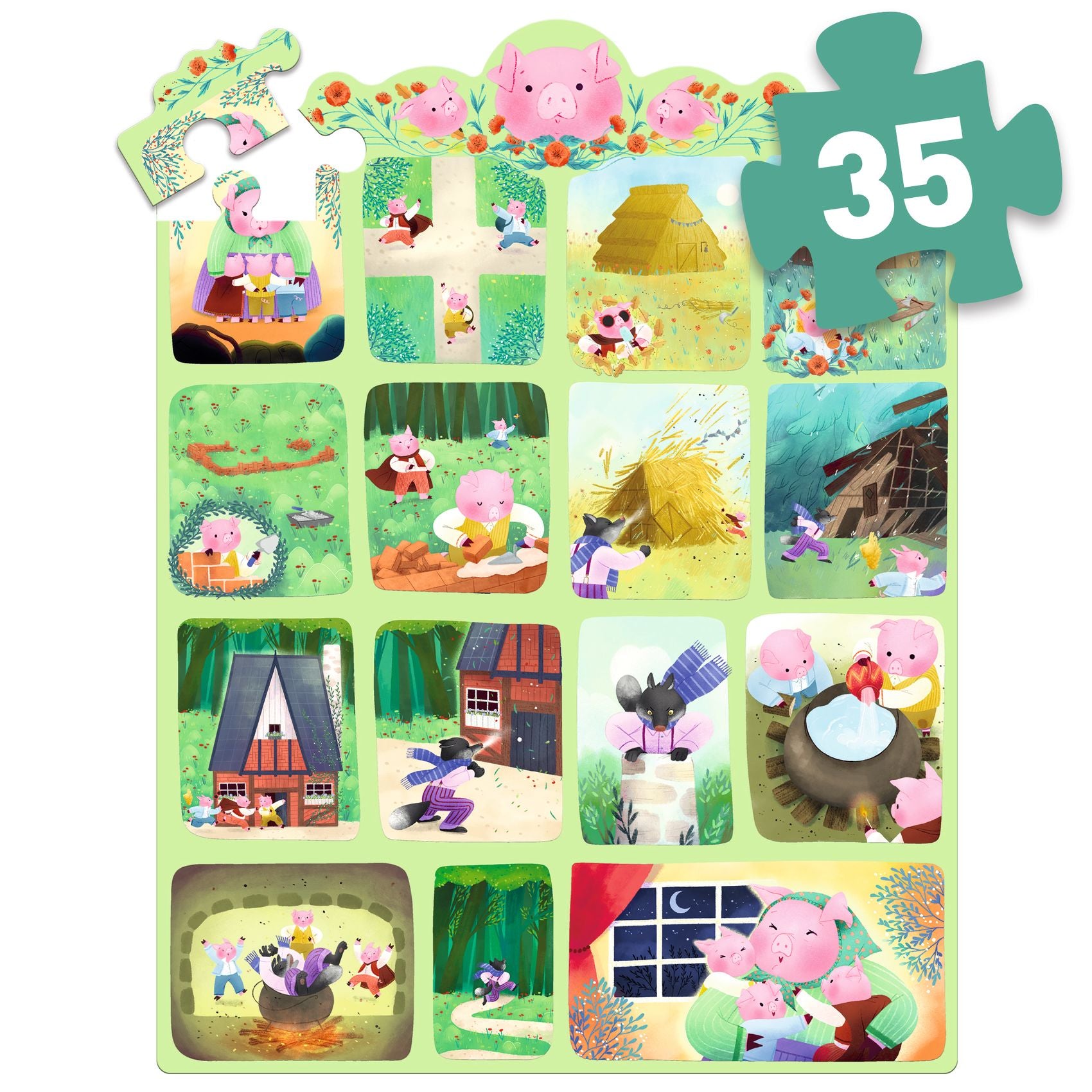 Djeco Three Little Pigs 35-Piece Story Puzzle for Kids | Educational Wooden Jigsaw Toy | Perfect for Preschool Learning & Family Game Night