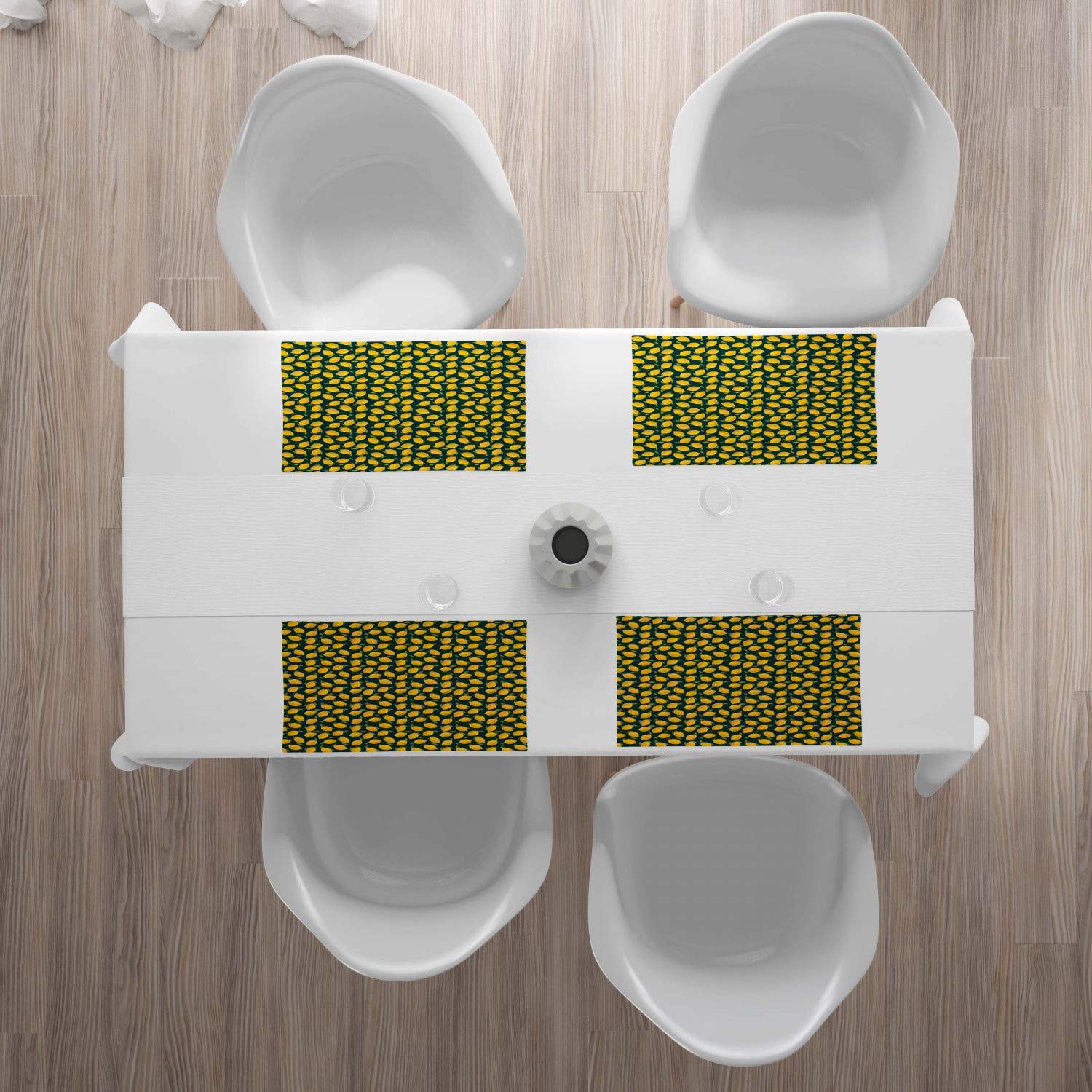 Ambesonne 4-Pack Lemon Placemats Set - Citrus Cartoon Design with Leaves on Dark Background, Washable Fabric Table Mats for Dining Room & Kitchen Decor in Earth Yellow, Apple Green & Dark Petrol Blue - Perfect for Spring Parties, Picnics & Farmhouse Style Dining