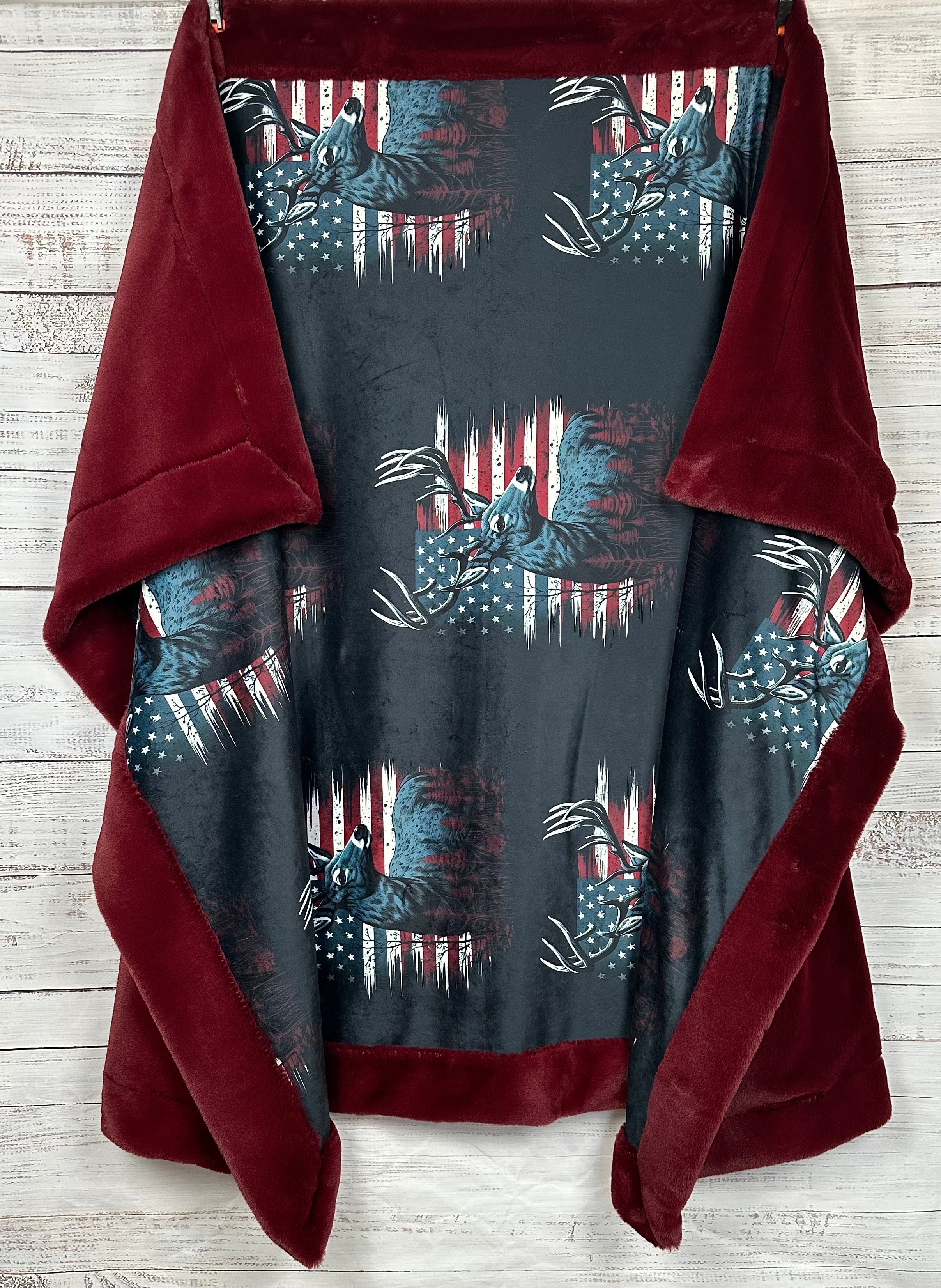 Premium Merlot Luxe Large 55x79 Minky Blanket with Deer and Flag Design - Soft & Cozy Throw for Bedroom, Couch, or Gift