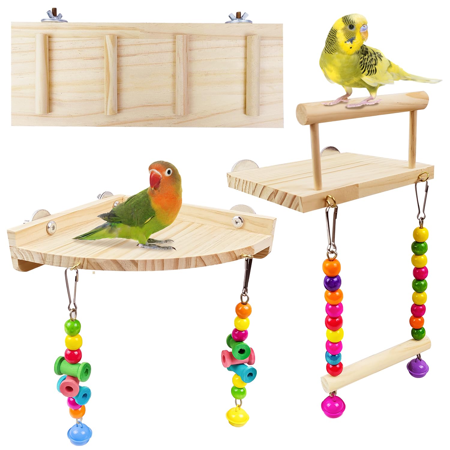 3PCS Natural Wood Bird Perches Platform Swing with Climbing Ladder - Safe Bungee Chew Toys for Parrots, Lovebirds, Budgies, Chinchillas & Small Pets - Cage Accessories for Climbing, Playing & Exercise - Perfect for Green Cheek Conures, Hamsters & Pet Birds