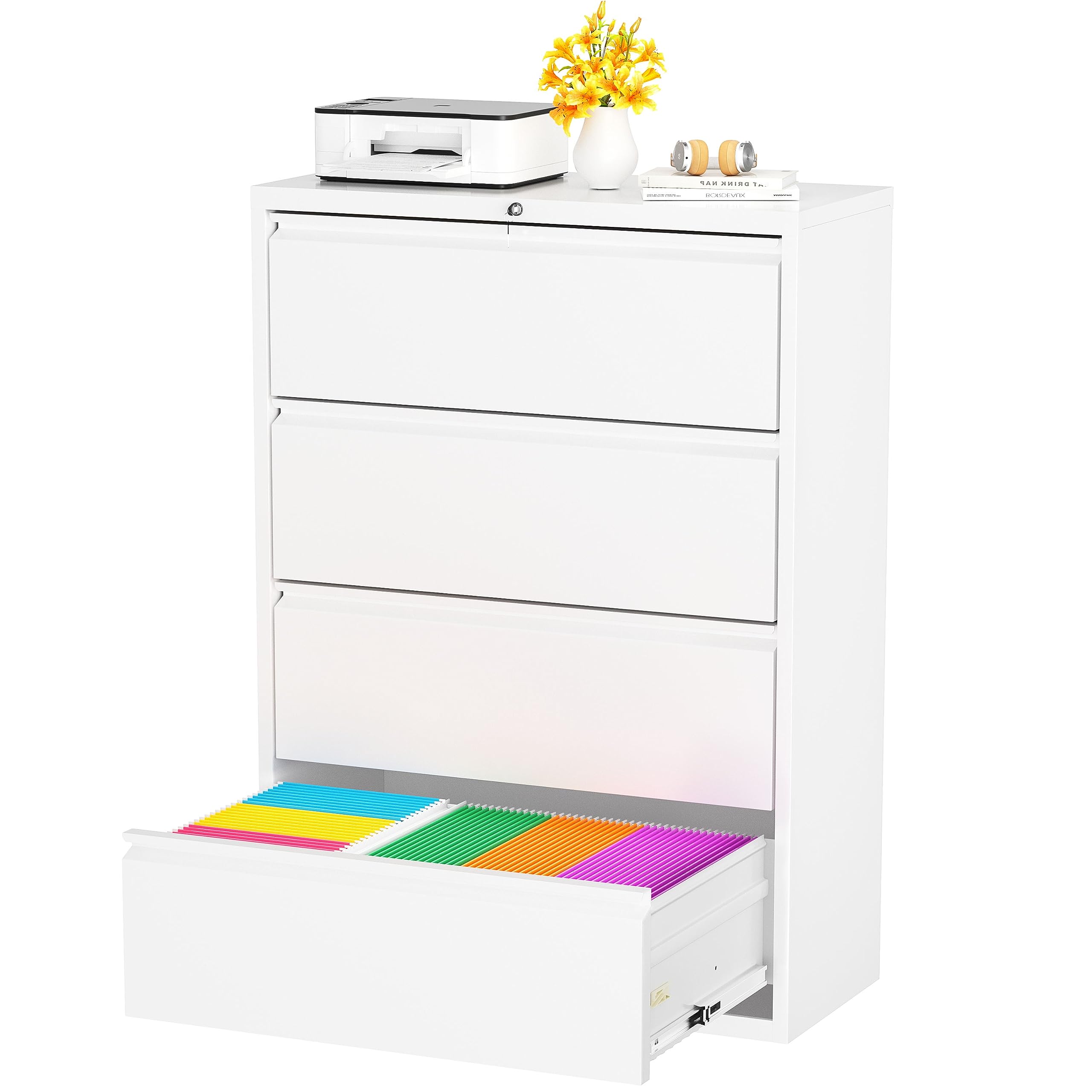 Superday 4-Drawer Lateral File Cabinet with Lock - Large Deep Metal Filing Cabinet for Legal, Letter, A4, F4 Documents - Secure Office Storage for Home & Business (White) - Perfect for Organizing Files, Records & Office Supplies