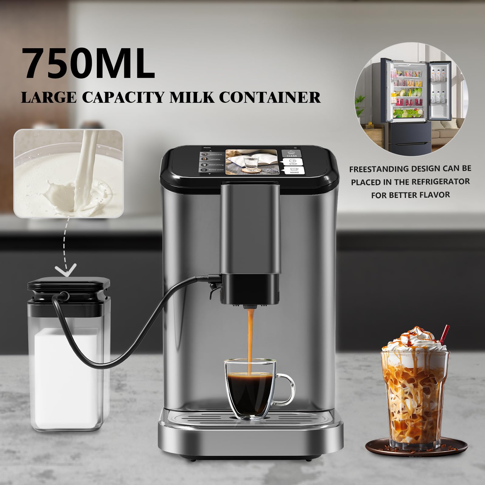 20 Bar Super Automatic Espresso Machine with Stainless Steel Conical Burr Grinder - Professional Touch Screen Coffee Maker for Latte, Cappuccino & Espresso at Home | Perfect for Coffee Lovers & Home Baristas (Grey)