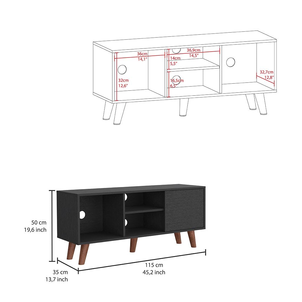Tuhome 57 Inch TV Stand with 3 Shelves and Single Door Cabinet - Black for Living Room, Bedroom, or Home Theater Setup