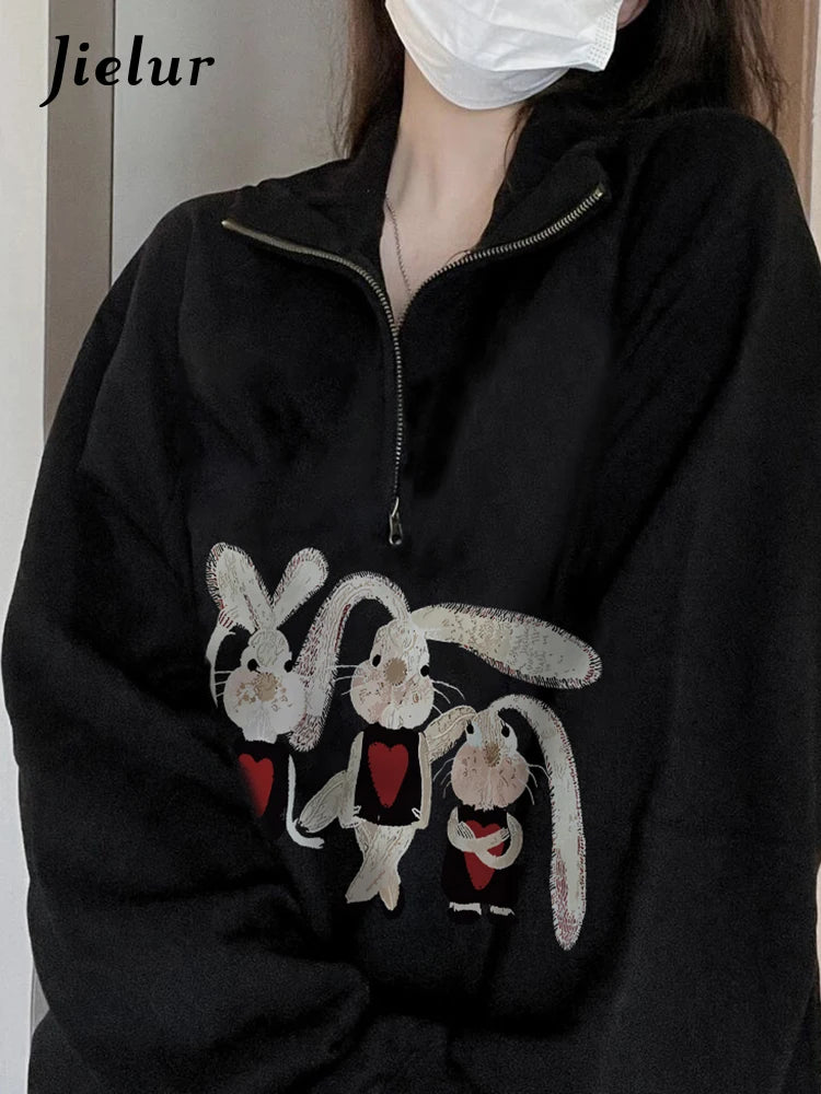 Stylish Black Zip-Up Hoodie for Women - Casual Polo Neck Pullover, Loose Fit Office Wear, Trendy Spell Color Sweatshirt | Perfect for Work, Weekend Outings & Layering