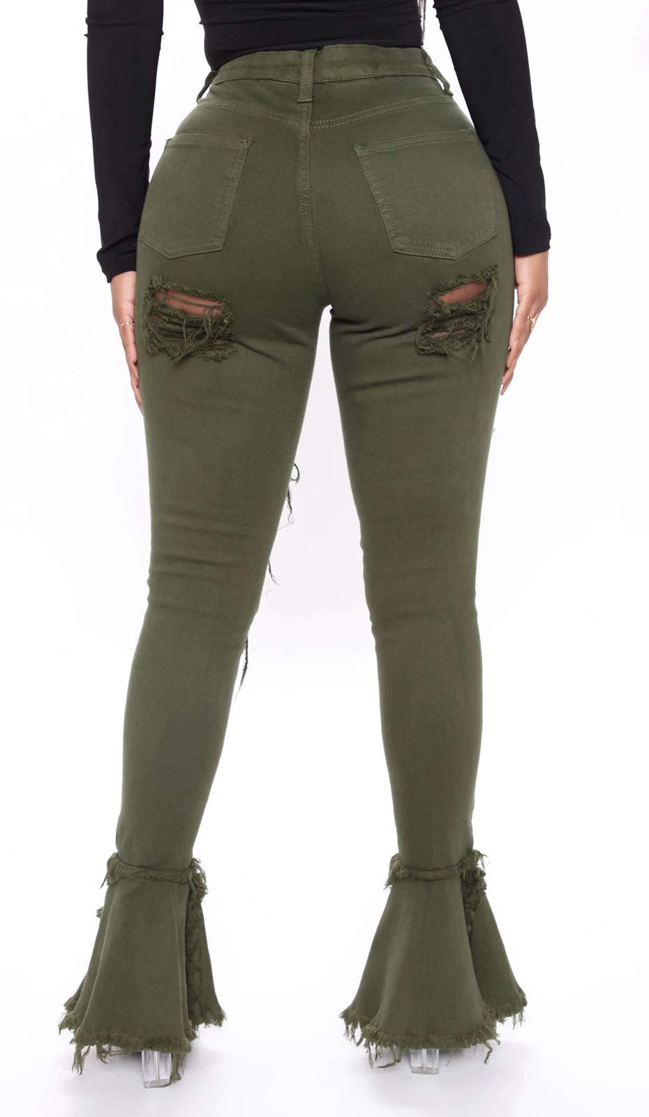 Women's Ripped Flare Jeans - Elastic Waist Raw Hem Denim Pants for Casual Outfits