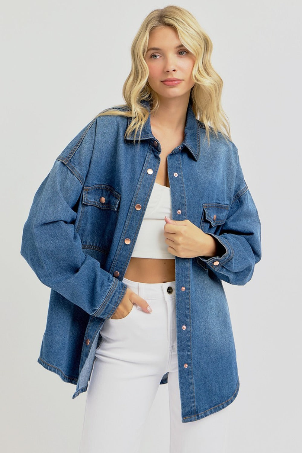 Men's Full Size Snap Down Long Sleeve Denim Shacket Jacket - Casual Overshirt for Fall & Winter Layering