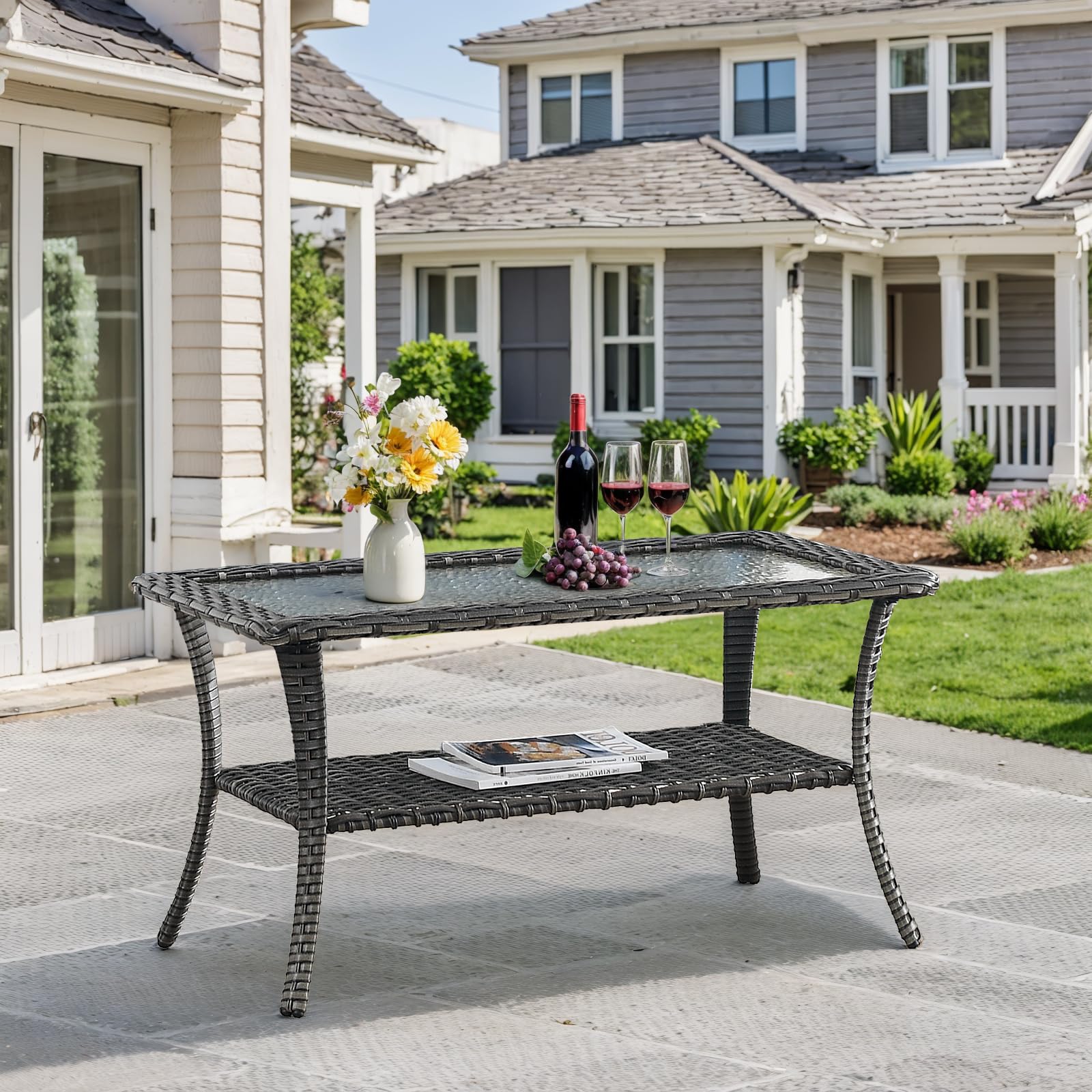 Outdoor Coffee Table - Rattan Wicker Patio Table with Tempered Glass Top & 2-Tier Storage - Weatherproof Furniture for Deck, Porch, Balcony, Garden - Grey - Perfect for Outdoor Relaxation & Entertaining