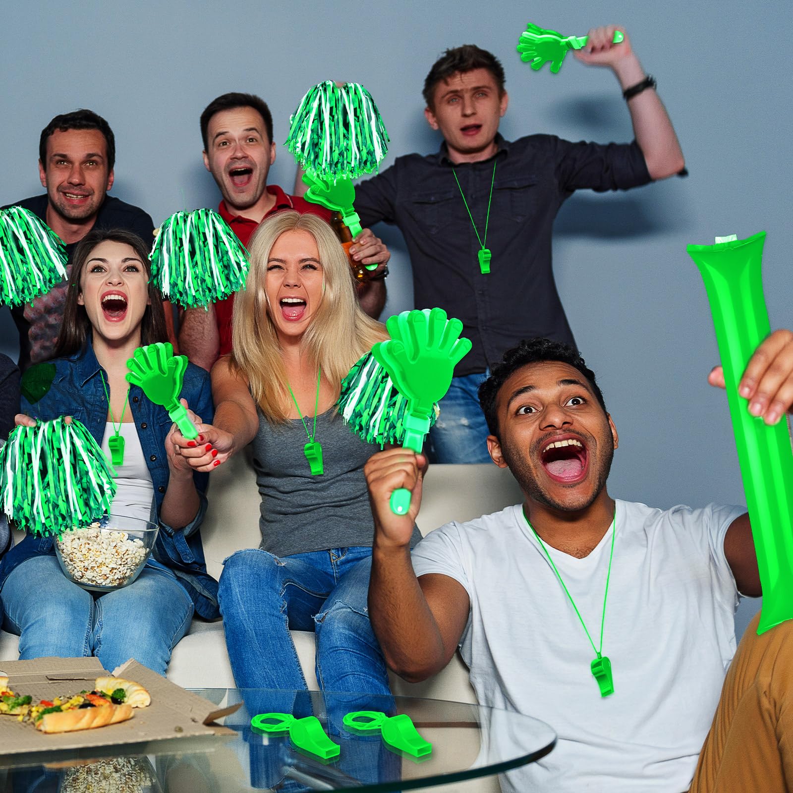 96 Pcs Noisemakers for Sports Events - Hand Clappers, Pom Poms, Thunder Sticks & Whistles