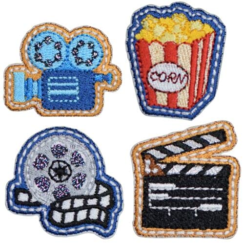 Mini Movie Theme Iron On Applique Patch Set - Theater Cinema Popcorn (4-Pack) - for Hats, Shirts, Shoes, Jeans & Bags - DIY Sewing & Craft Decor - Perfect for Costume Parties, Film Enthusiast Gifts & Personalized Fashion
