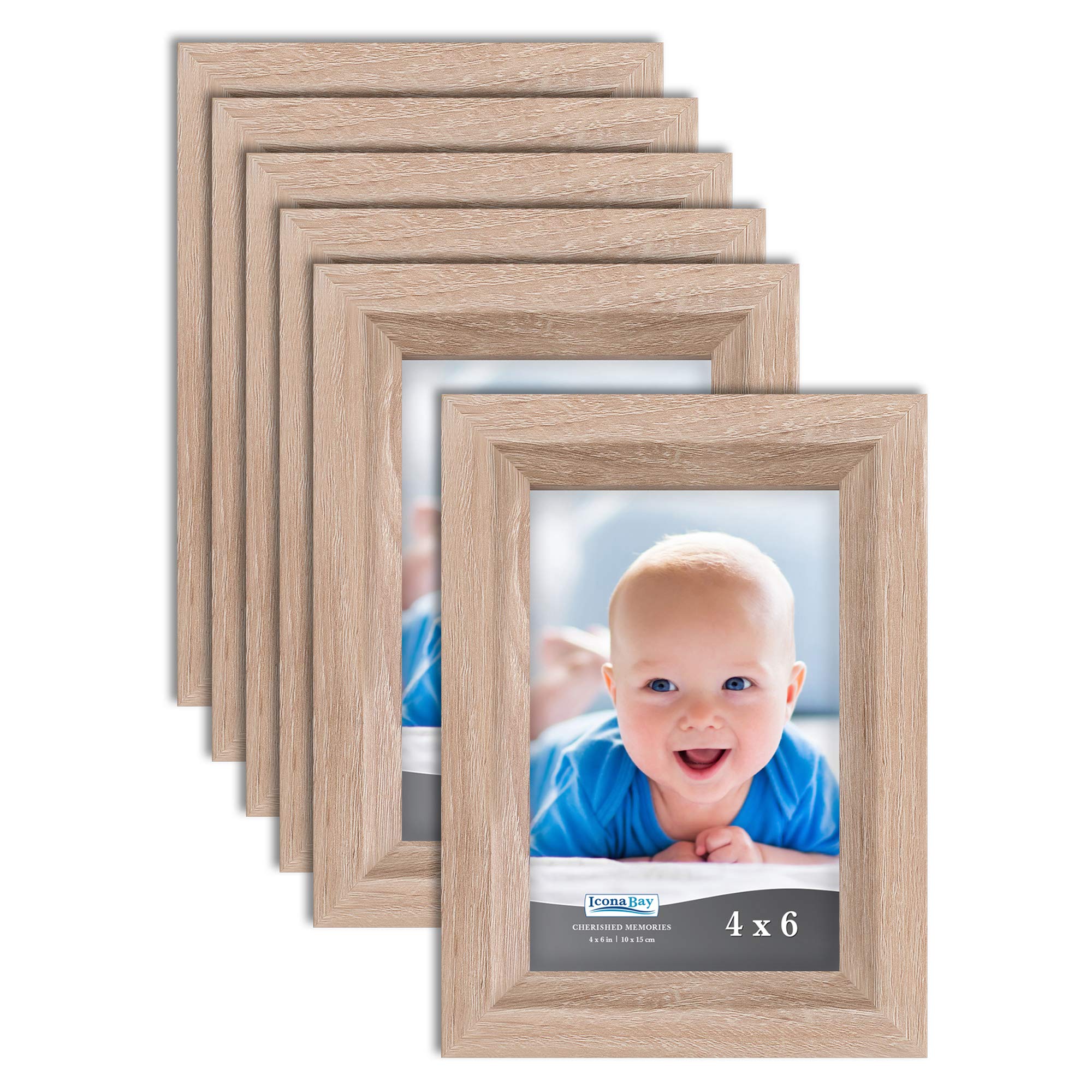 Icona Bay 4x6 Picture Frame Set of 6 - Weathered Oak Wood Finish, Traditional Style Composite Wood Photo Frames for Wall or Table Display - Perfect for Home Decor, Office, Wedding Photos & Family Memories