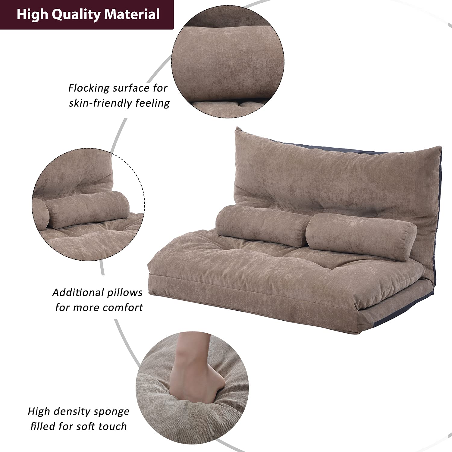 Adjustable Folding Futon Sofa Bed - Convertible Gaming & Lounge Sofa with 2 Pillows for Living Room, Bedroom, Apartment & Small Spaces (Light Brown) | Perfect for Video Gaming, Guest Sleeping & Space-Saving Solutions