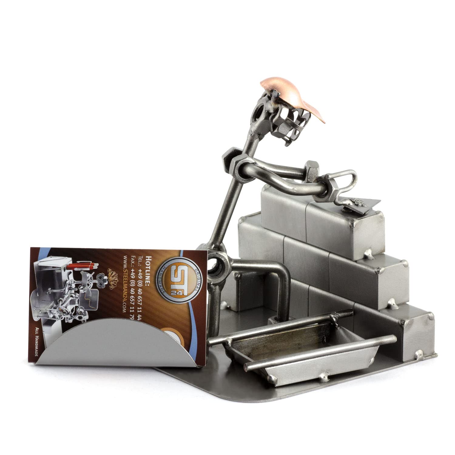 Handmade German Metal Bricklayer Sculpture - Personalized Engraving & Business Card Holder - Nuts & Bolts Figurine for Office Desk Decor & Gift Idea