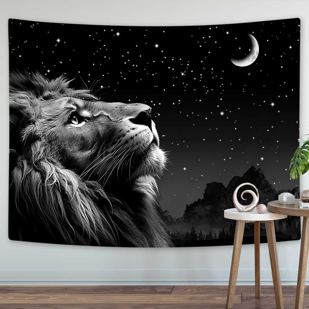 Boziqr Cool Lion and Space Stars Moon Tapestry Wall Hanging - Aesthetic Black Decor for Bedroom, Living Room, Dorm - 60x40 Inches - Perfect for Bohemian Style, Teen Room & Meditation Space