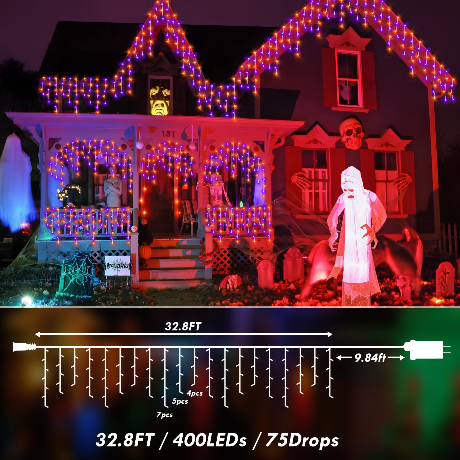 KNONEW 33FT 400 LED Orange Purple Halloween String Lights - 75 Drops, 8 Lighting Modes, Timer Memory, Connectable - Outdoor Hanging Curtain Lights for Halloween Party, Christmas, Garden, and Home Decor