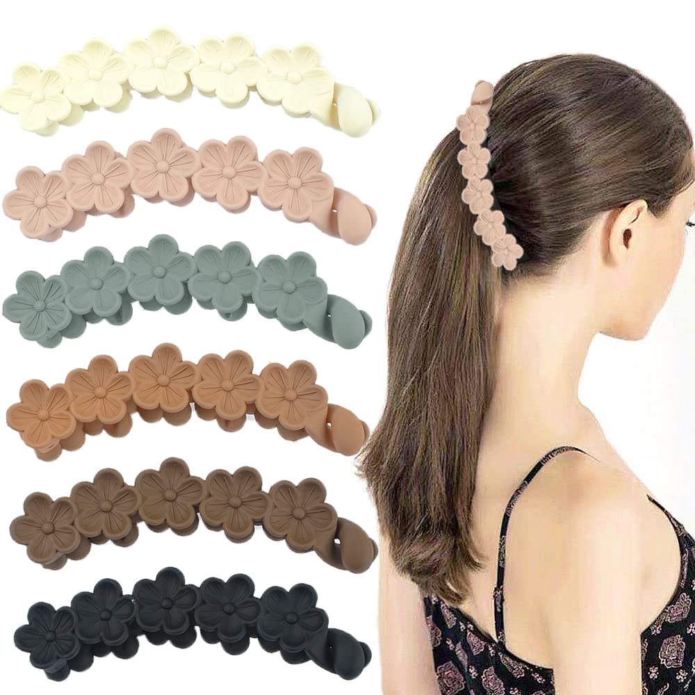 6 Pack Non-Slip Banana Hair Clips for Women - Thick Flower Hair Accessories for Ponytails & Fine Hair - Perfect for Daily Wear, Weddings & Special Occasions