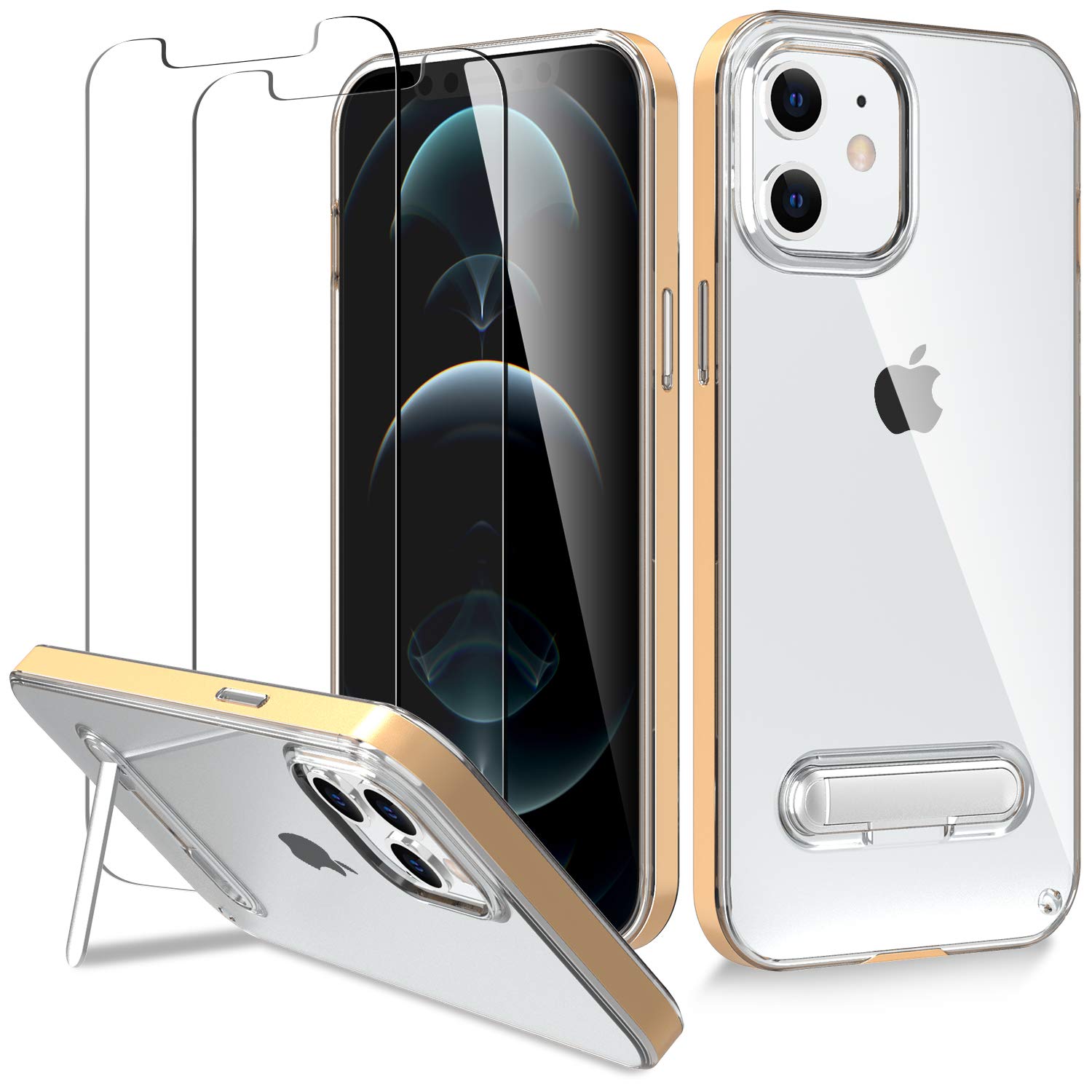 Saputu iPhone 12/12 Pro Case 6.1 inch with Kickstand - 2 Pack Screen Protector Included | Clear Soft Shockproof Cover | 360° Full Body Protection (Gold) - Perfect for Work, Travel & Outdoor Activities