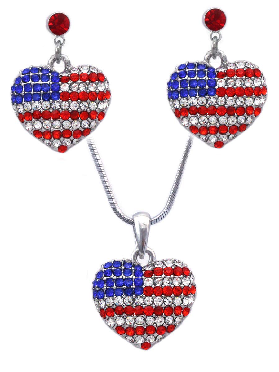 Patriotic USA Flag Heart Earrings - Red, White & Blue Jewelry Set with Red Dot Accents | Perfect for 4th of July, Memorial Day & Patriotic Events