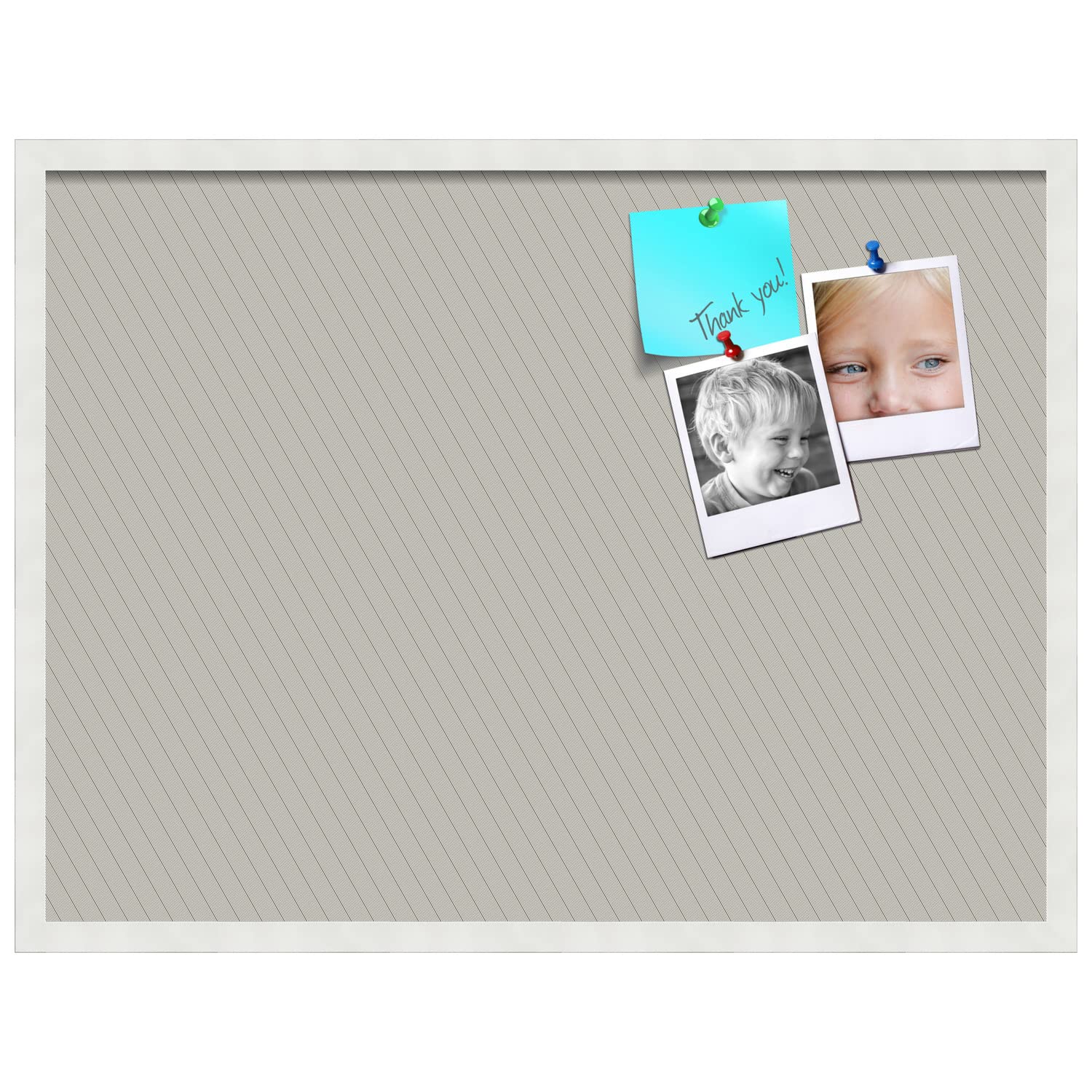 PinPix 32x24 Inch Cork Bulletin Board with Lux Stripes Pewter Design & Satin White Frame - Decorative Framed Pin Board for Home Office School Classroom Dorm Wall Organization - Perfect for Notes Photos Reminders & Vision Boards
