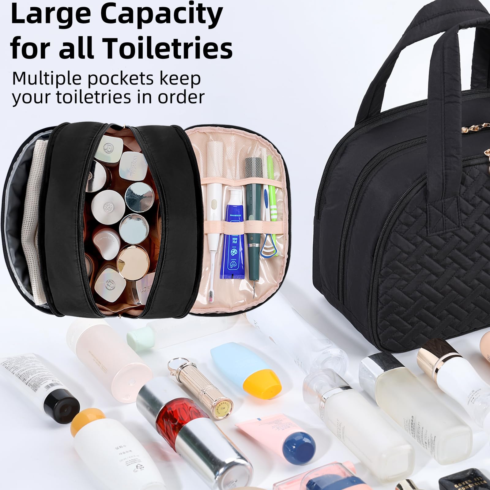 Personalized Travel Toiletry Bag for Women - Waterproof Cosmetic Organizer with Handle & Brush Holder - Ideal Makeup Bag for Birthday Gifts, Business Trips & Vacation Essentials (Large, Black)