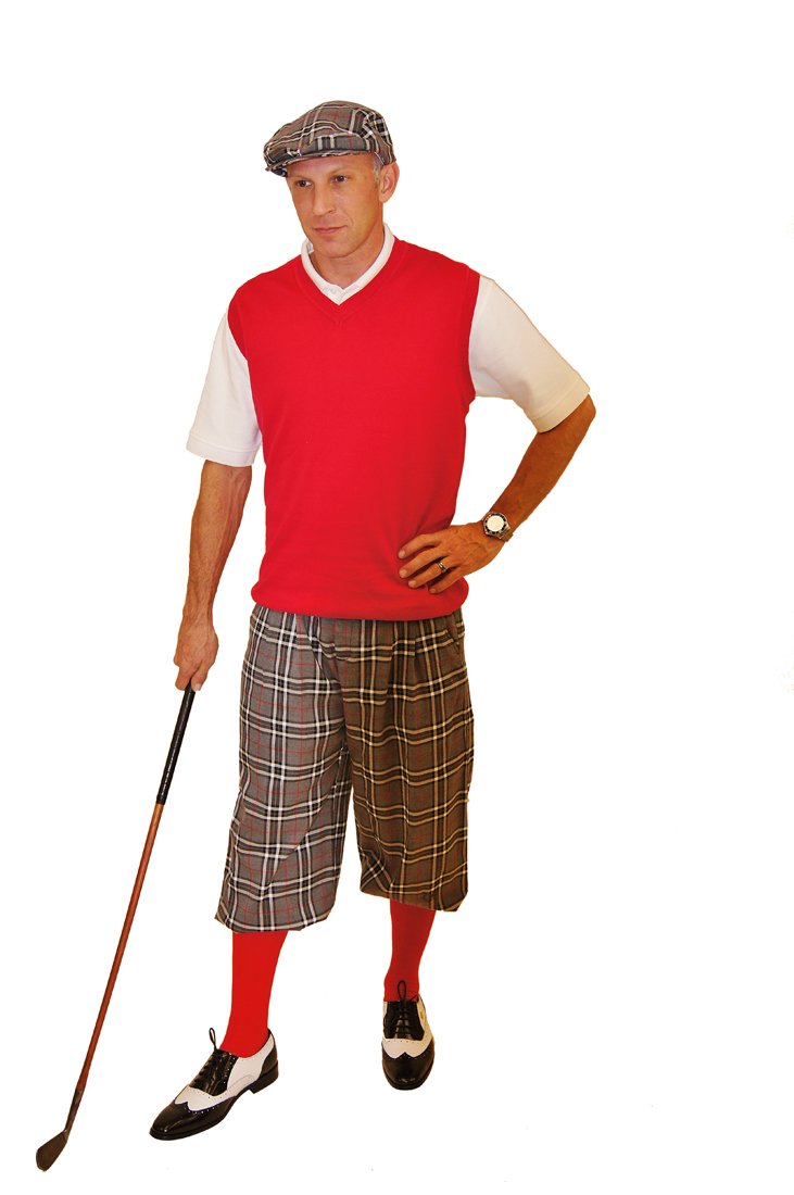 Stylish Grey Plaid Knickers & Matching Cap with Red Sweater Vest & Socks Set - Perfect for Vintage Fashion, Cosplay & Winter Outfits