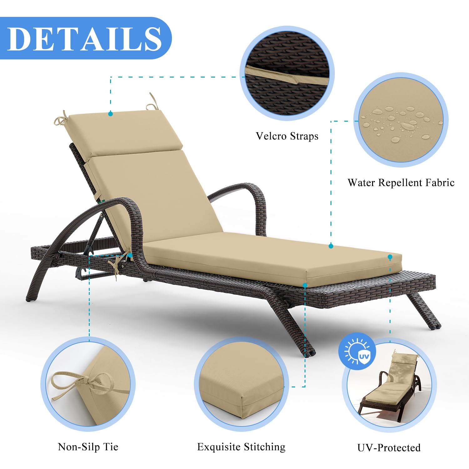 FILUXE Outdoor Chaise Lounge Cushions 80x26x3 Inch - High-Density Foam Chair Cushion with Ties, Weather & Fade Resistant - Patio, Lawn, Pool & Beach Recliner Cushions (Khaki) | Perfect for Sunbathing, Relaxing by the Pool, or Lounging in Your Backyard