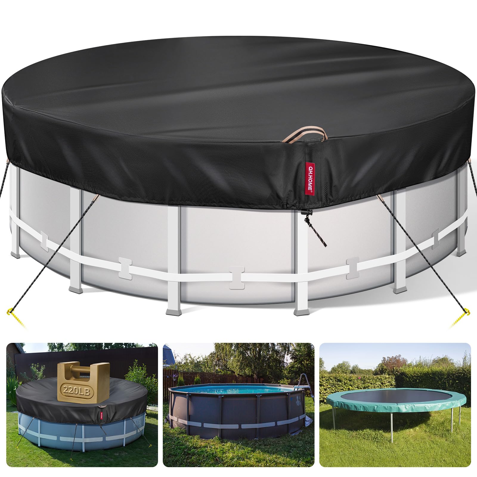QH.HOME 21 Ft Round Winter Pool Cover for Above Ground Pools - Heavy Duty 634N Tear Resistant & 500D Dense Fabric - Solar Swimming Pool Cover with Fade & Wind Protection - Black - Perfect for Winterizing and Protecting Your Above Ground Pool from Debris and Harsh Weather